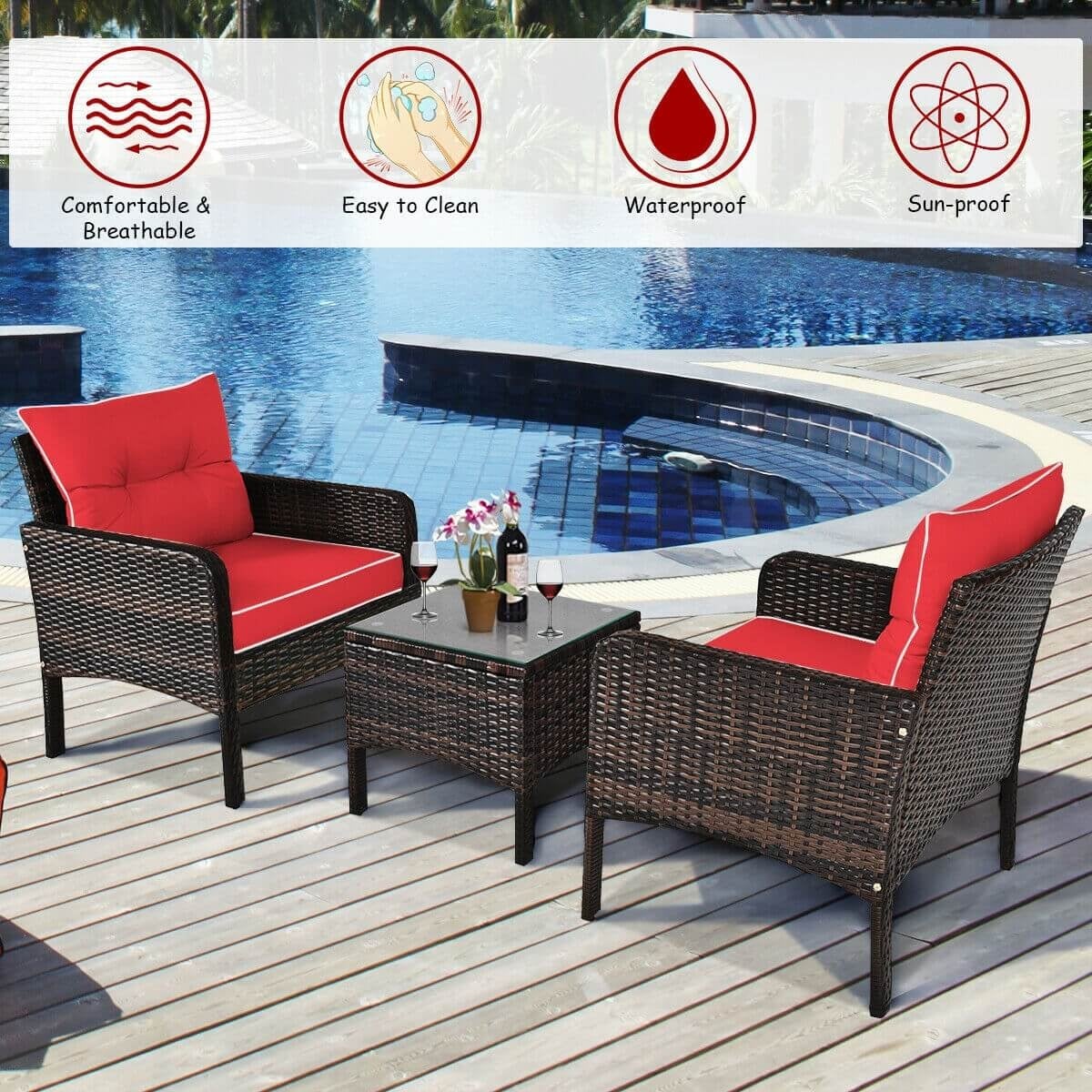 3 Pcs Outdoor Rattan Conversation Set, With Seat Cushions, Red - Image 3