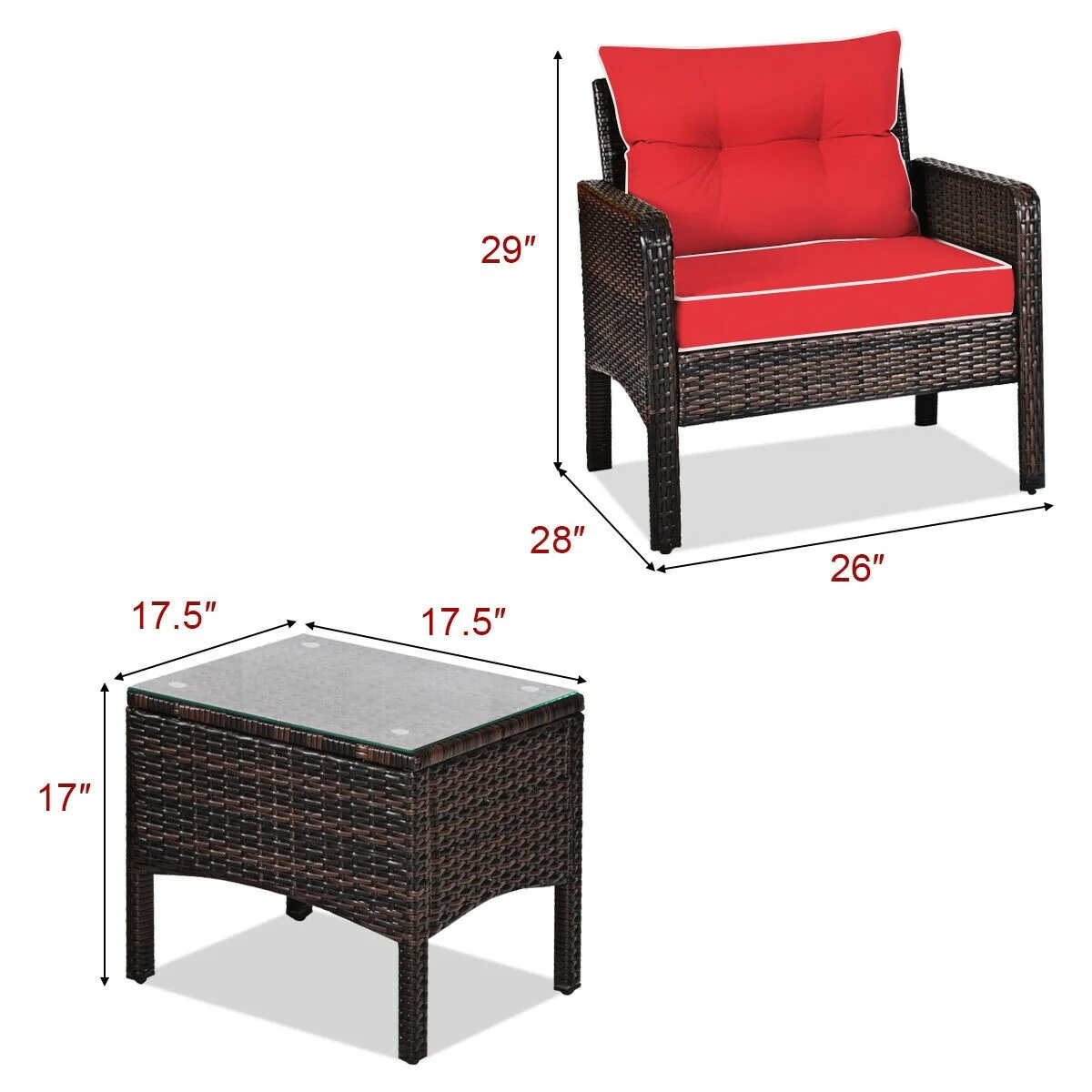 3 Pcs Outdoor Rattan Conversation Set, With Seat Cushions, Red - Image 5