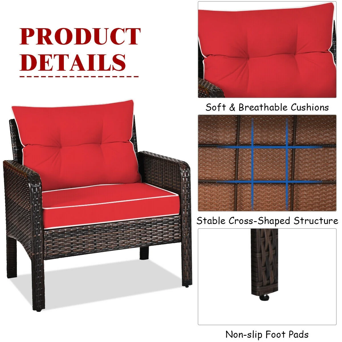 3 Pcs Outdoor Rattan Conversation Set, With Seat Cushions, Red - Image 6