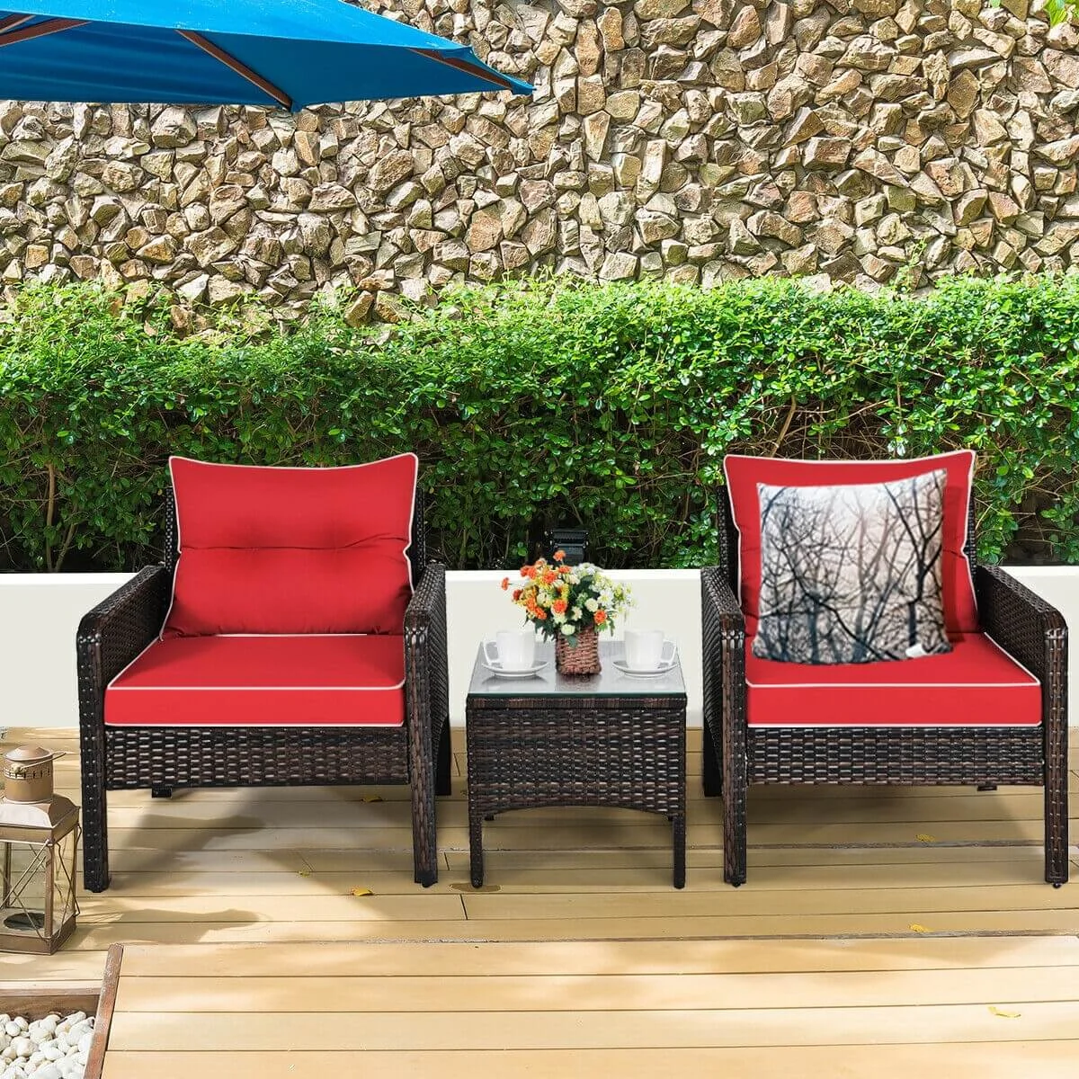3 Pcs Outdoor Rattan Conversation Set, With Seat Cushions, Red - Image 7