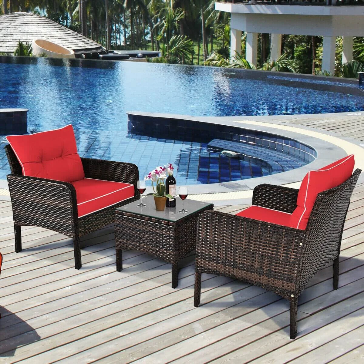 3 Pcs Outdoor Rattan Conversation Set, With Seat Cushions, Red - Image 8