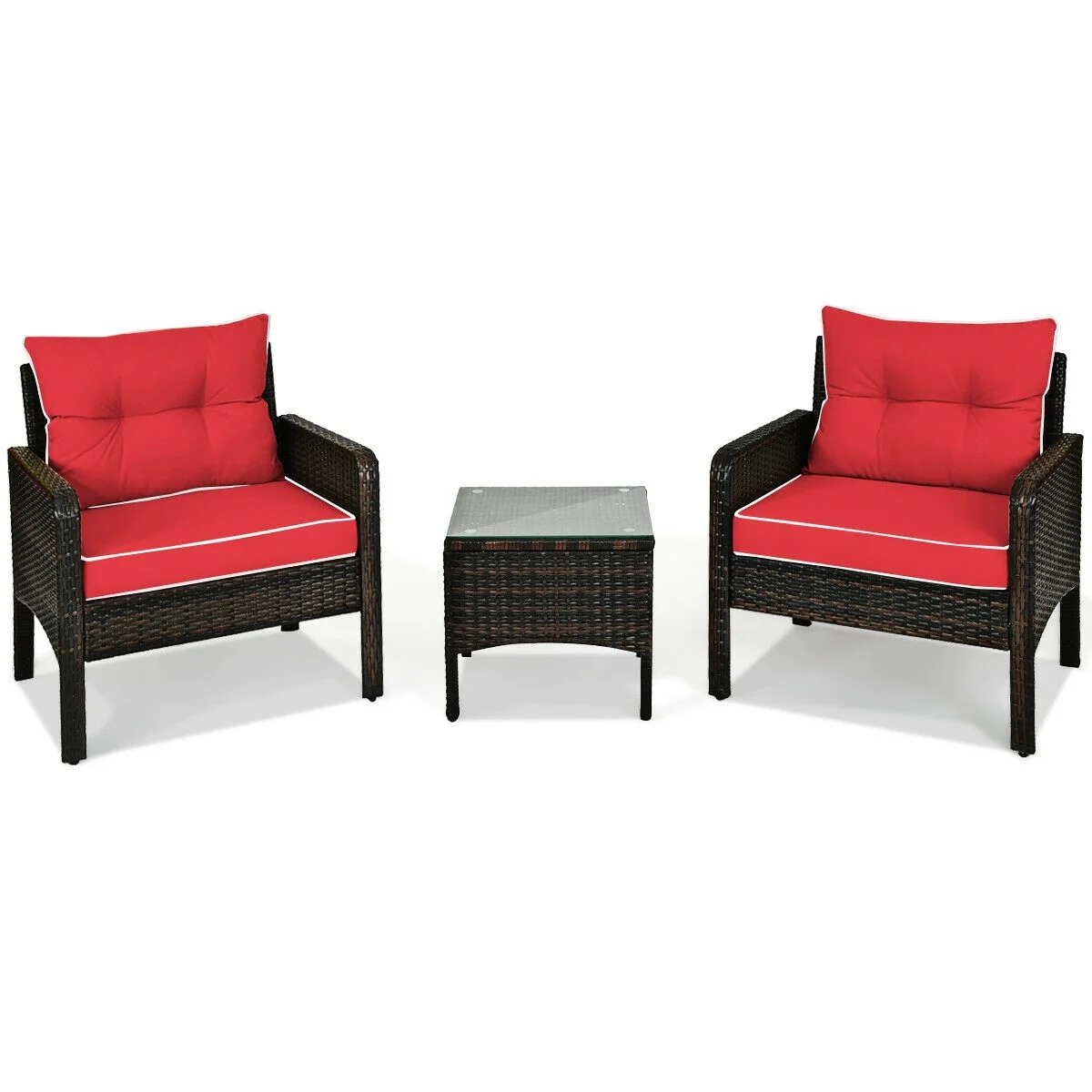 3 Pcs Outdoor Rattan Conversation Set, With Seat Cushions, Red - Image 9