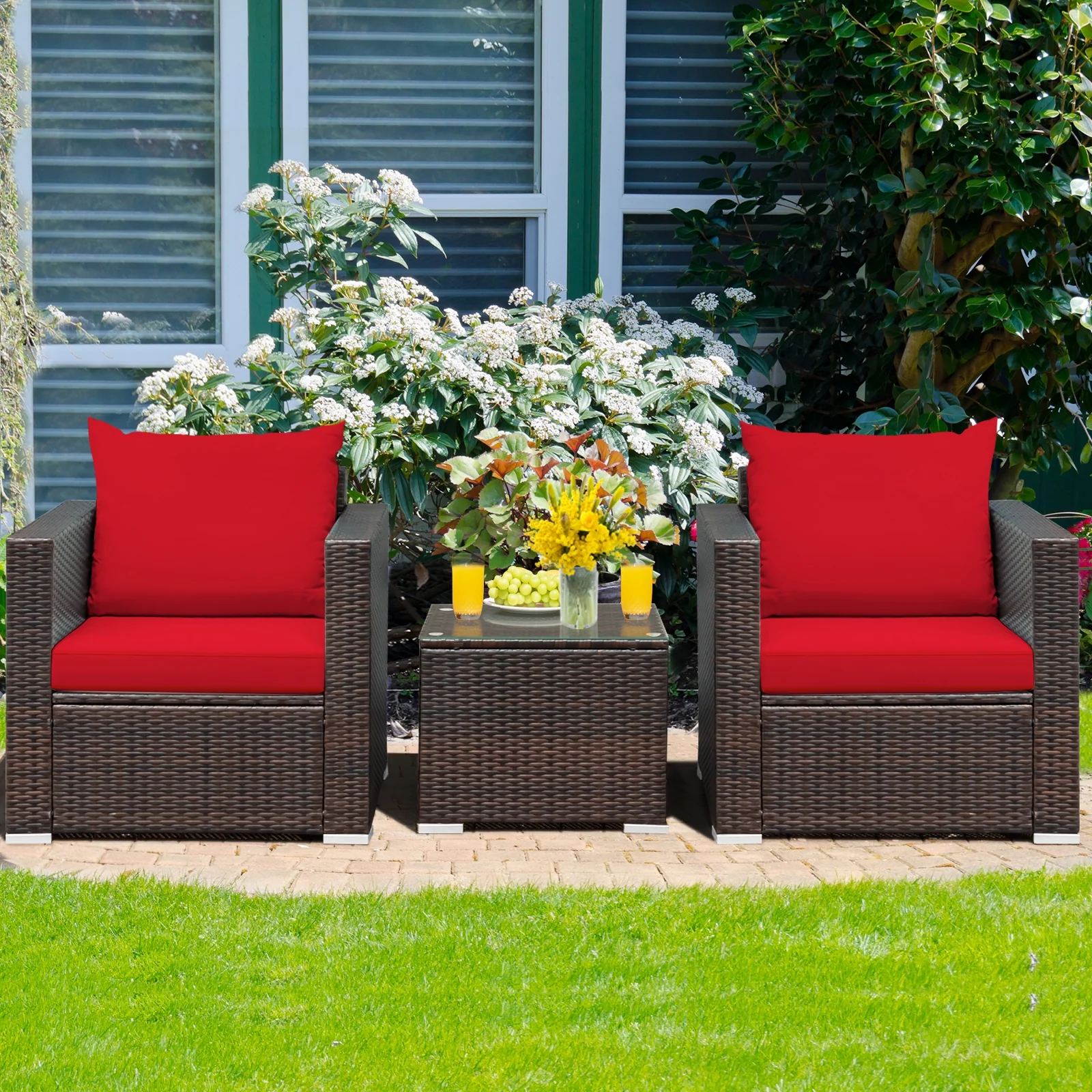 3 Pcs Patio Conversation Rattan Furniture Set, Red - Image 2