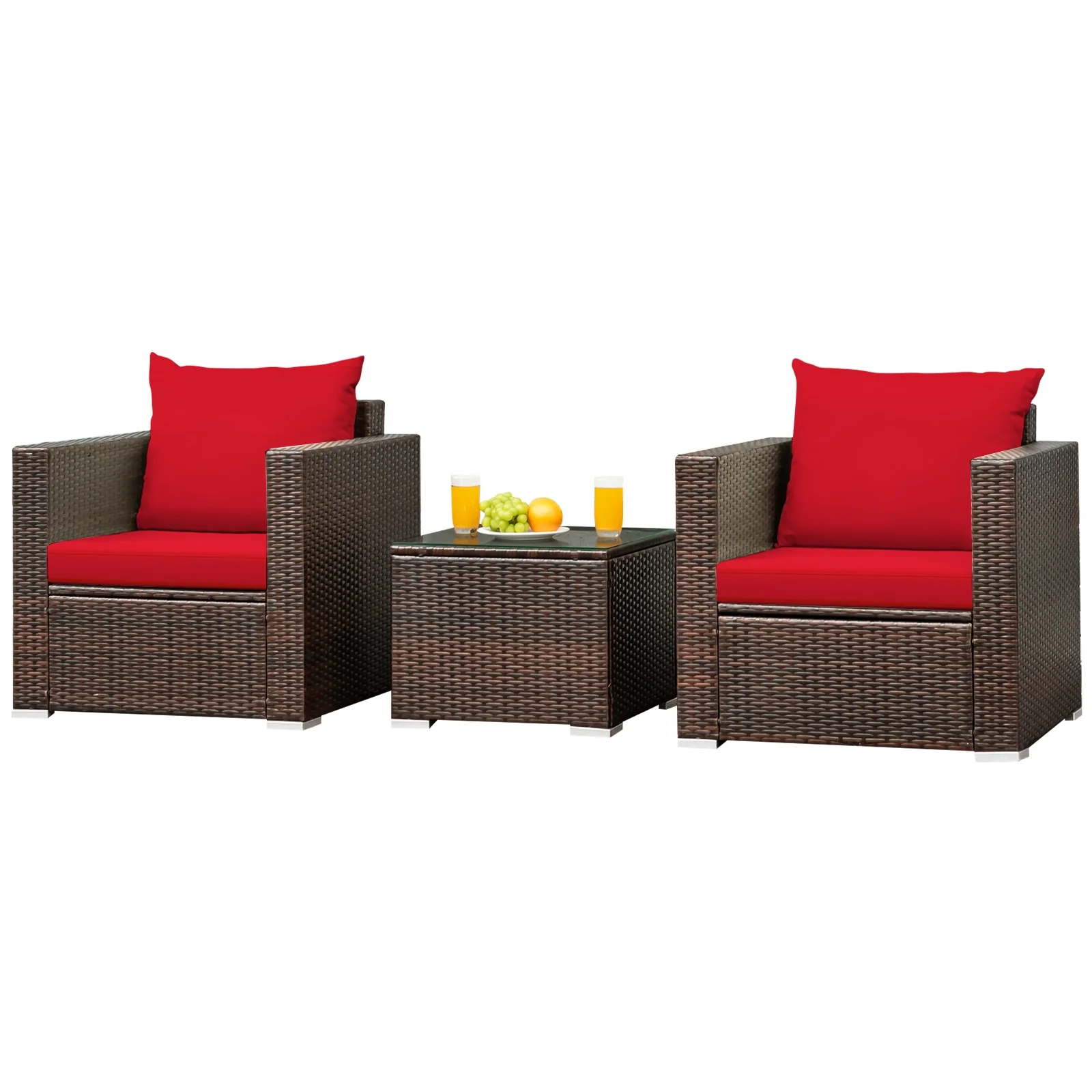 3 Pcs Patio Conversation Rattan Furniture Set, Red - Image 5