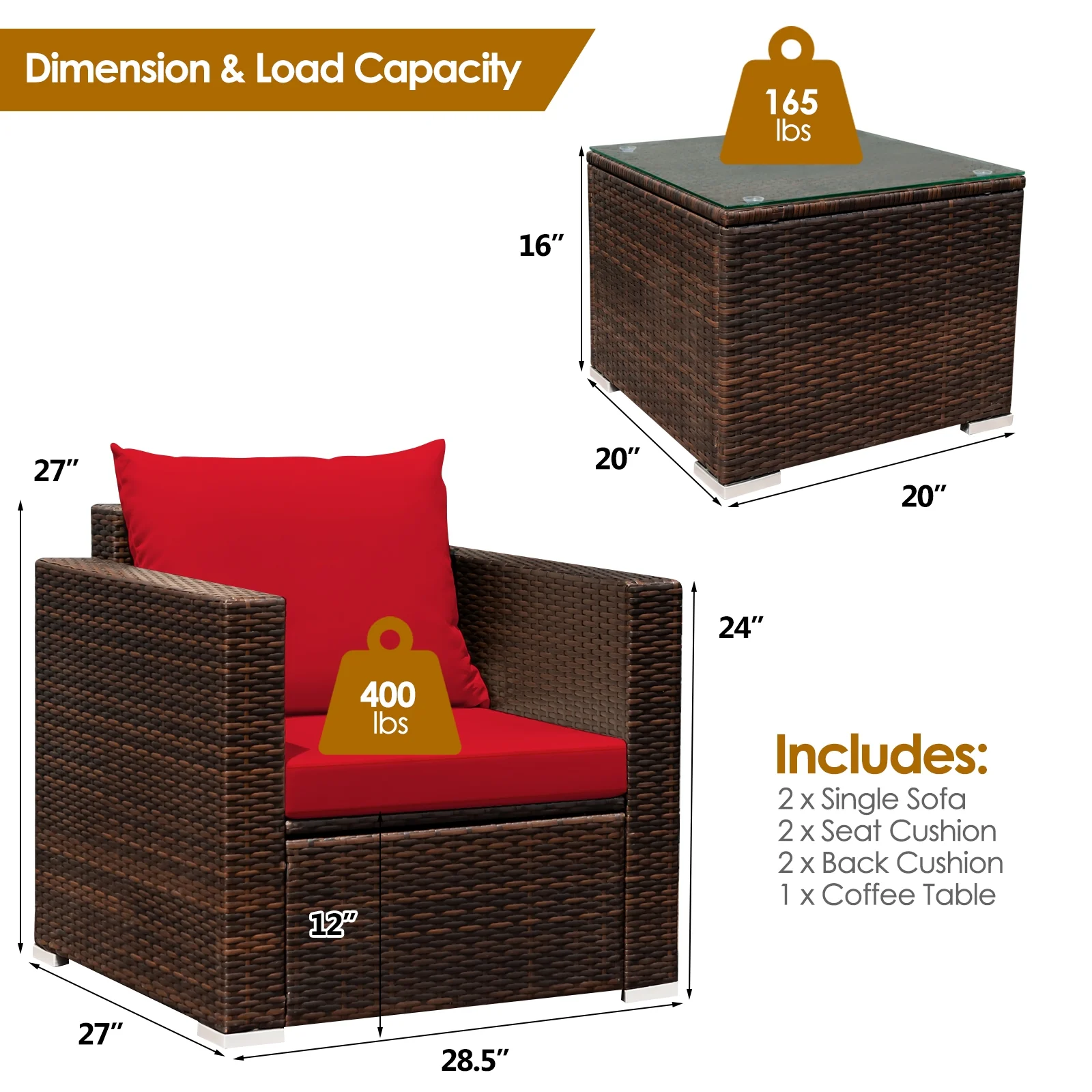 3 Pcs Patio Conversation Rattan Furniture Set, Red - Image 6