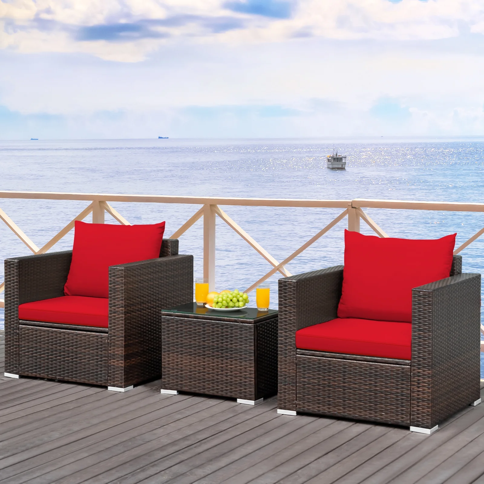 3 Pcs Patio Conversation Rattan Furniture Set, Red - Image 8