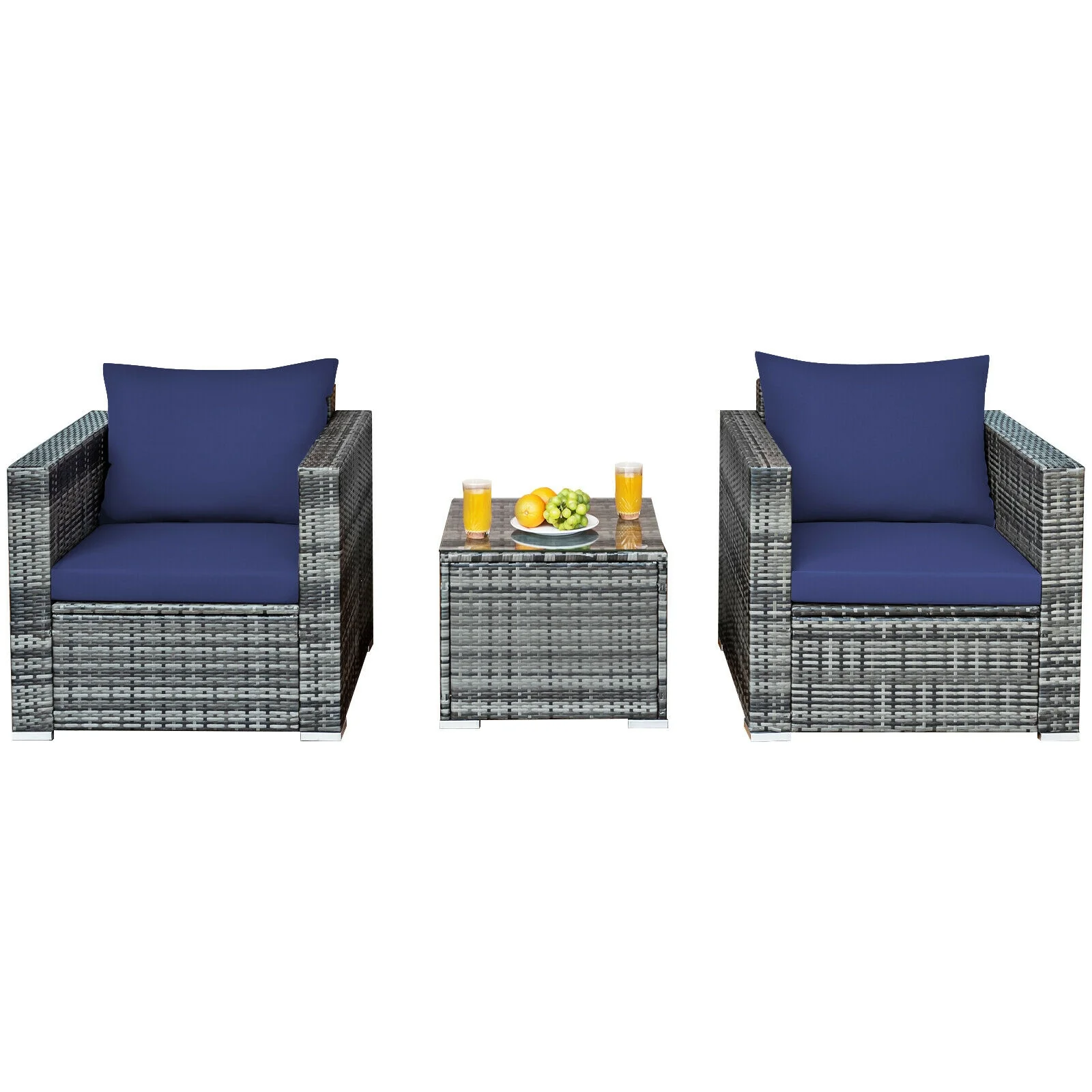 3 Pcs Patio Rattan Bistro Sofa Set, Cushioned, Navy - Image 10