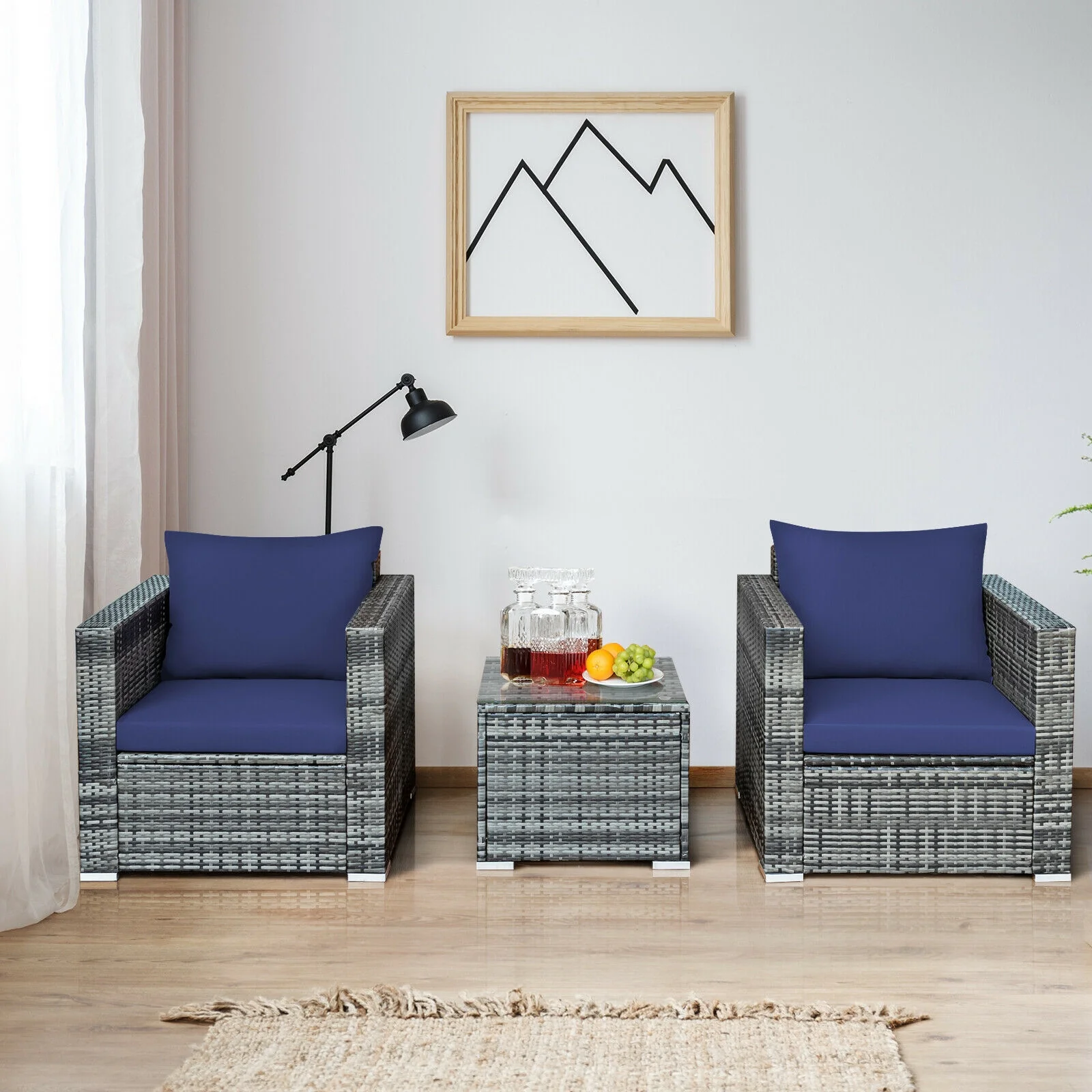 3 Pcs Patio Rattan Bistro Sofa Set, Cushioned, Navy - Image 7