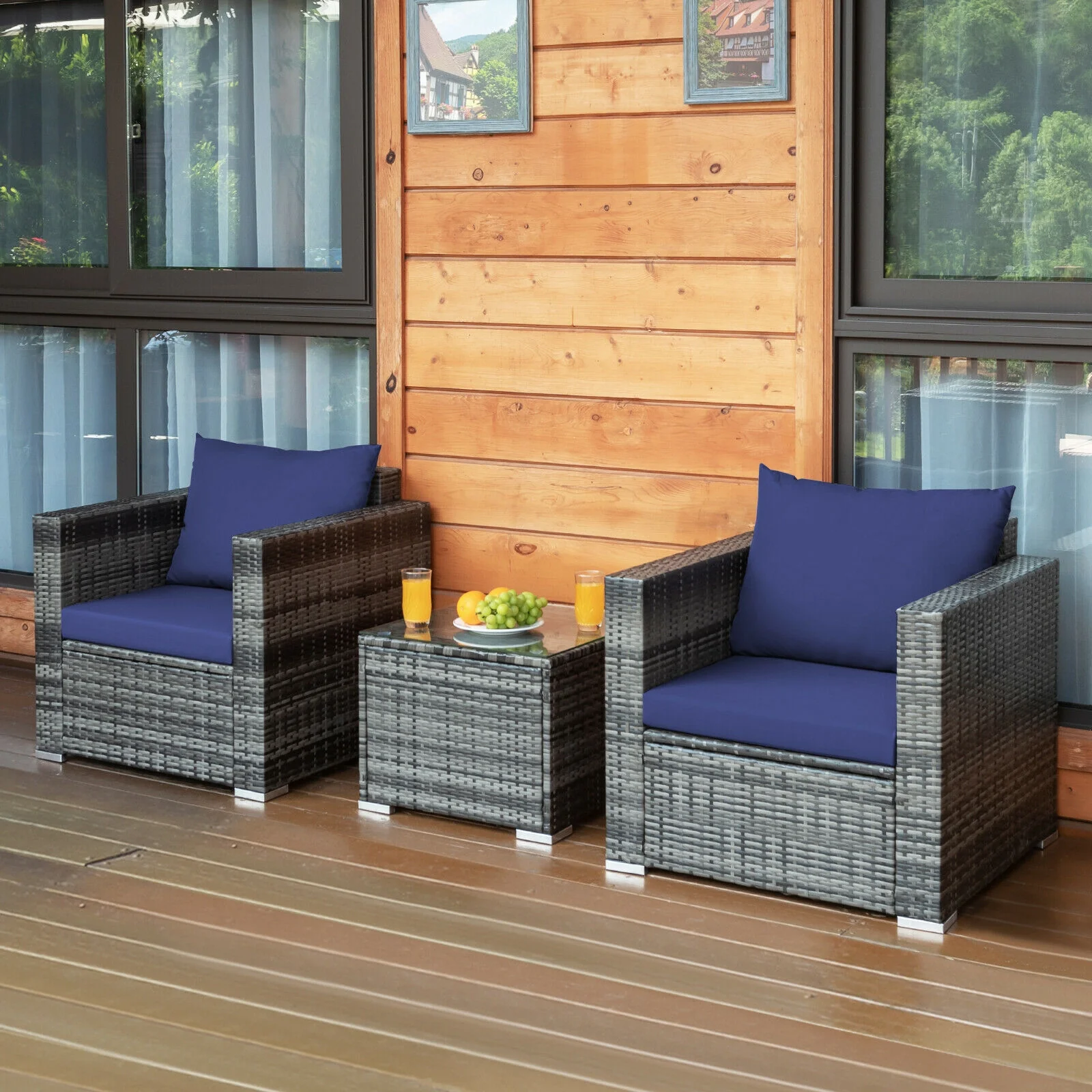 3 Pcs Patio Rattan Bistro Sofa Set, Cushioned, Navy - Image 8