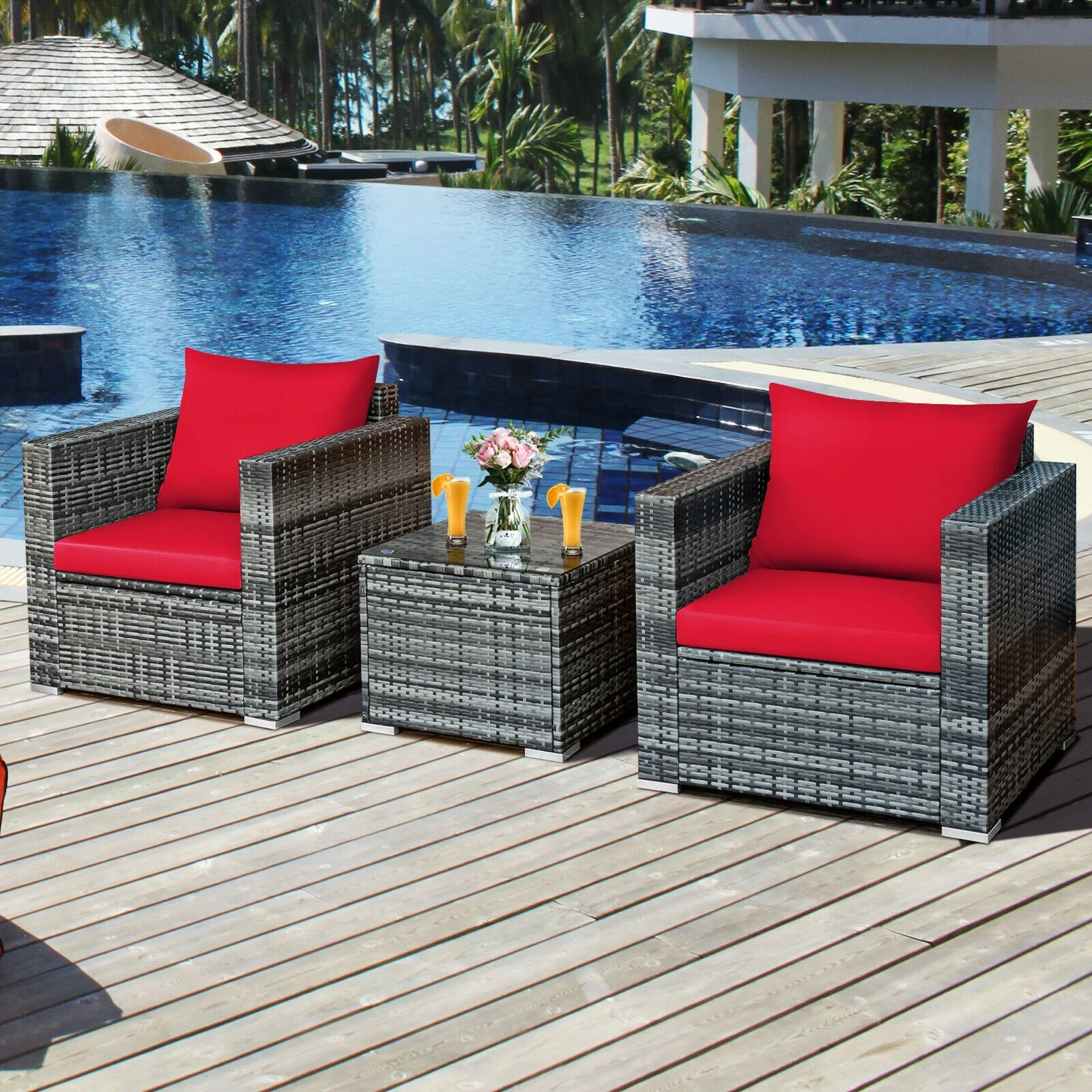 3 Pcs Patio Rattan Bistro Sofa Set, Cushioned, Red - Image 2