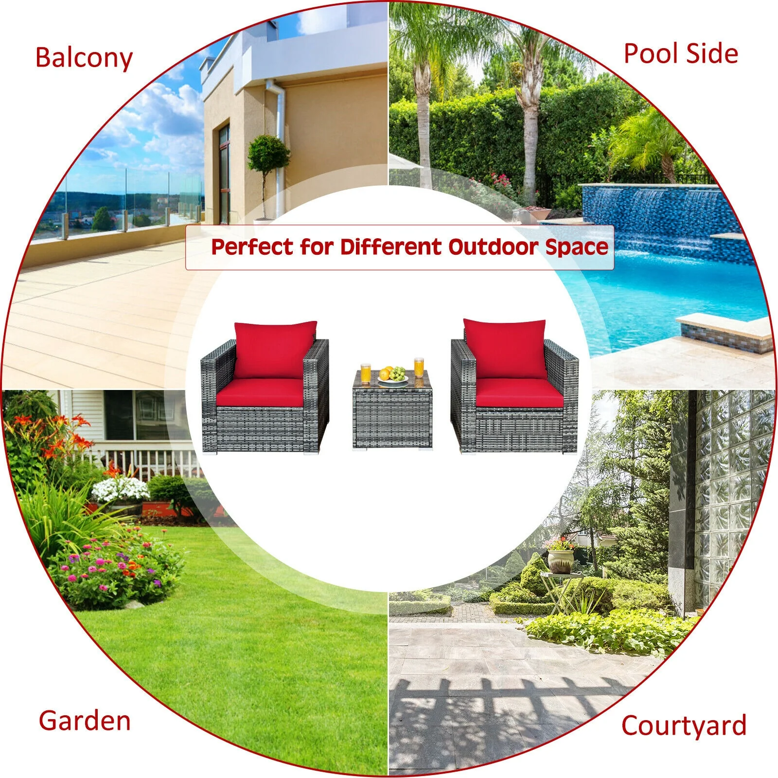 3 Pcs Patio Rattan Bistro Sofa Set, Cushioned, Red - Image 3