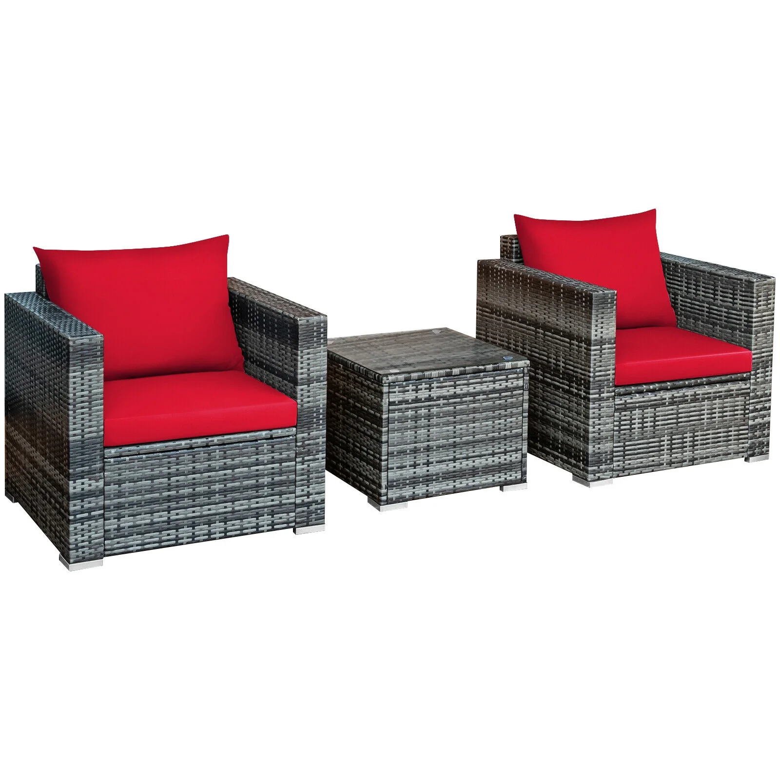 3 Pcs Patio Rattan Bistro Sofa Set, Cushioned, Red - Image 4