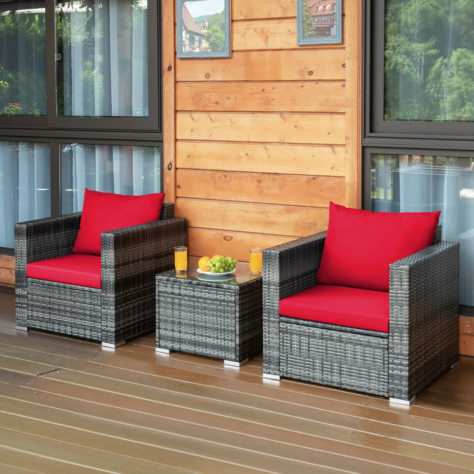 3 Pcs Patio Rattan Bistro Sofa Set, Cushioned, Red - Image 8