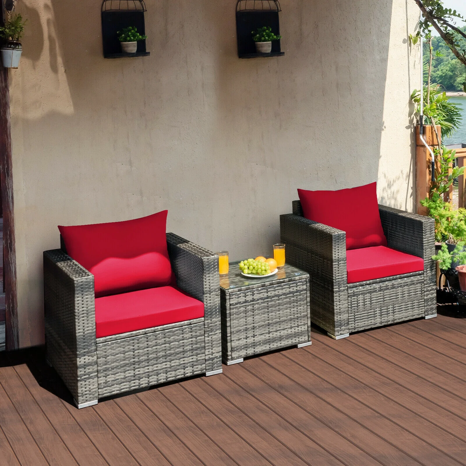 3 Pcs Patio Rattan Bistro Sofa Set, Cushioned, Red - Image 9