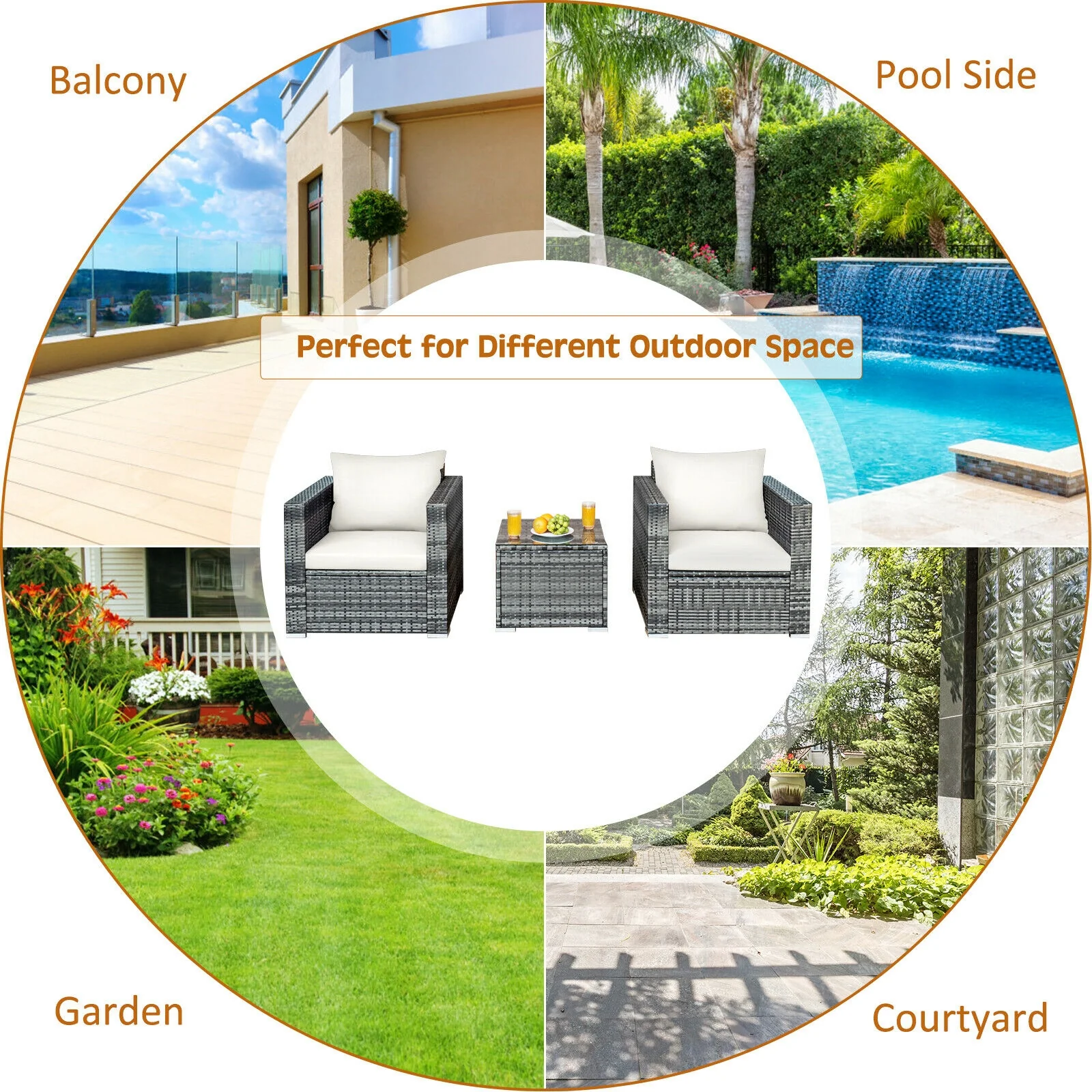 3 Pcs Patio Rattan Bistro Sofa Set, White - Image 3