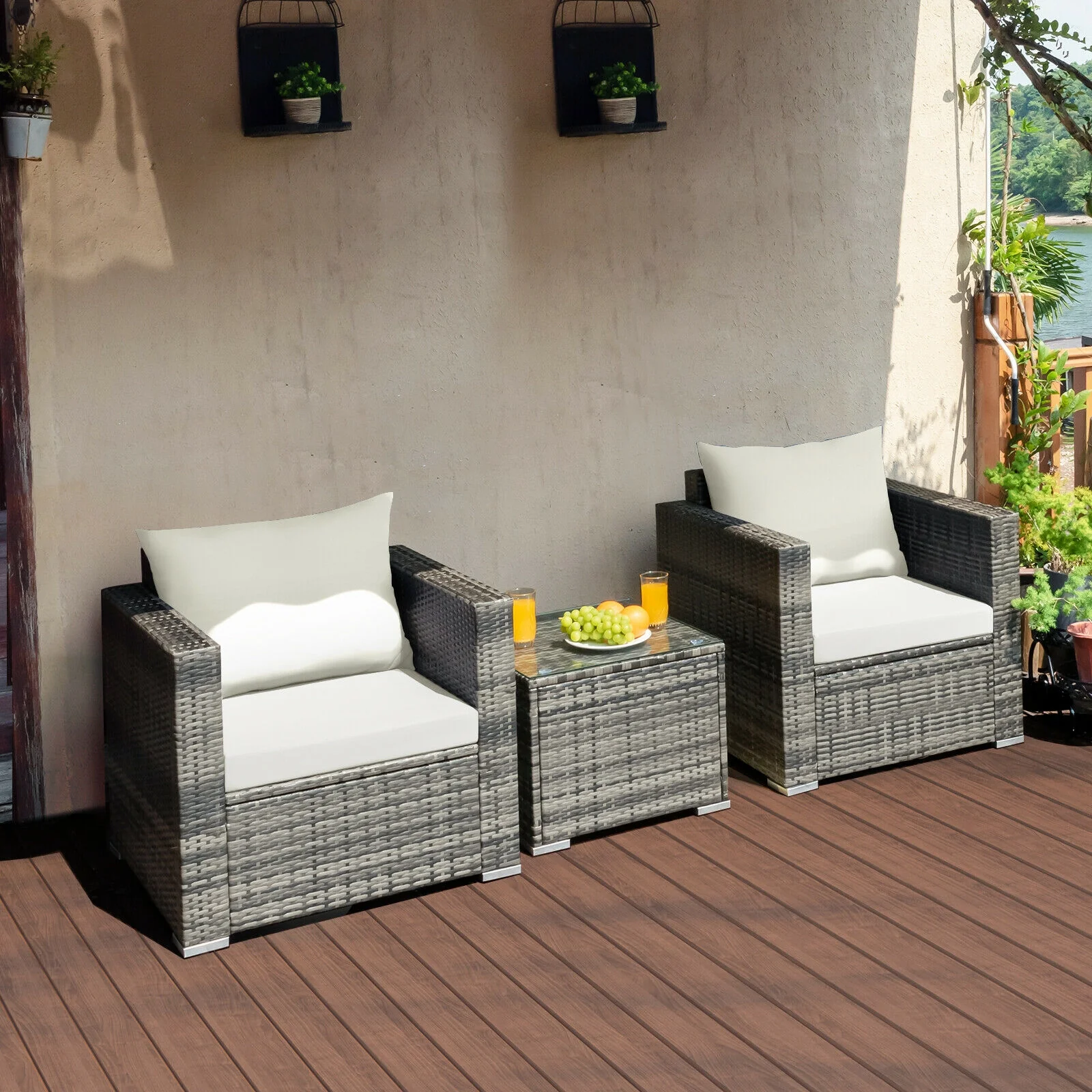 3 Pcs Patio Rattan Bistro Sofa Set, White - Image 8