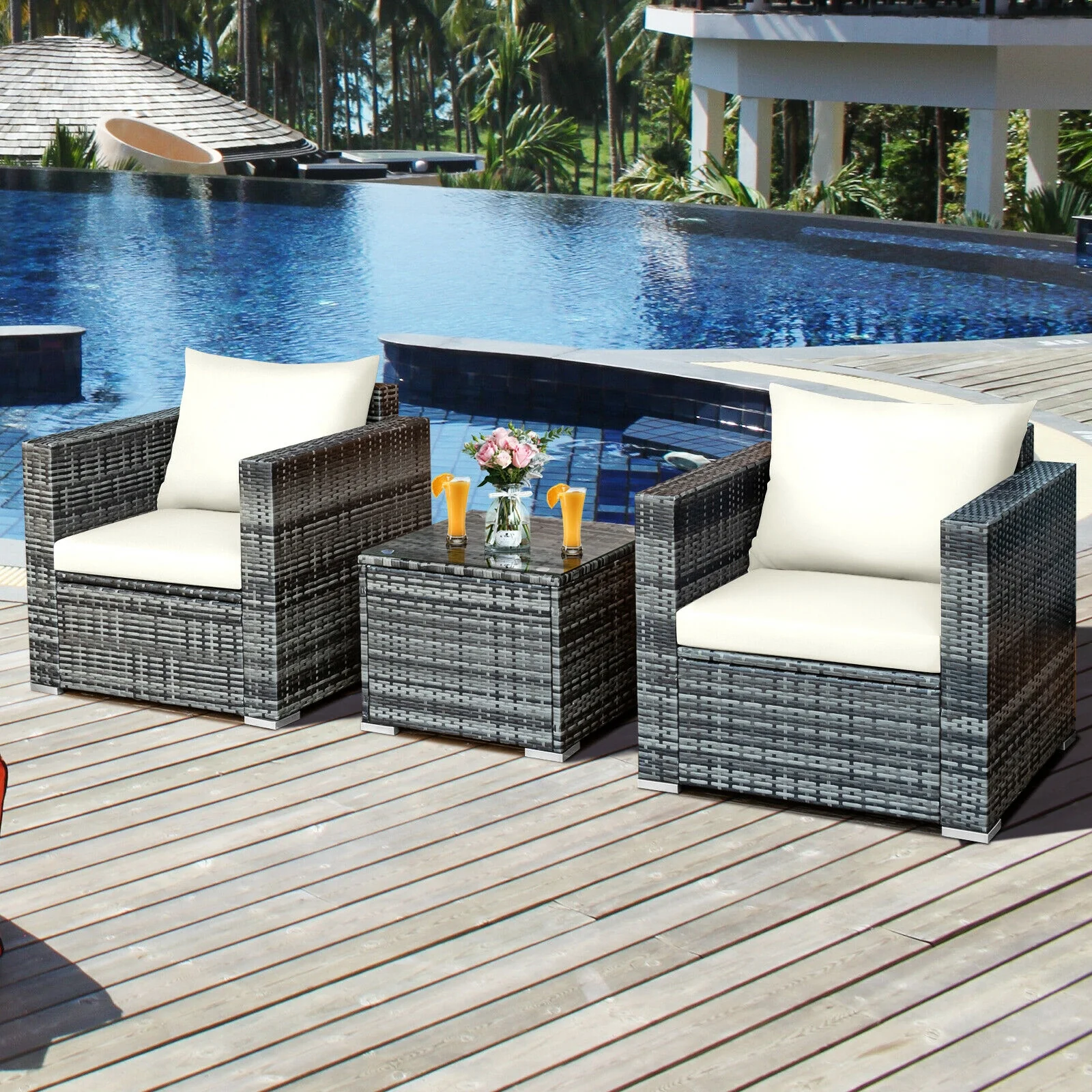 3 Pcs Patio Rattan Bistro Sofa Set, White - Image 9