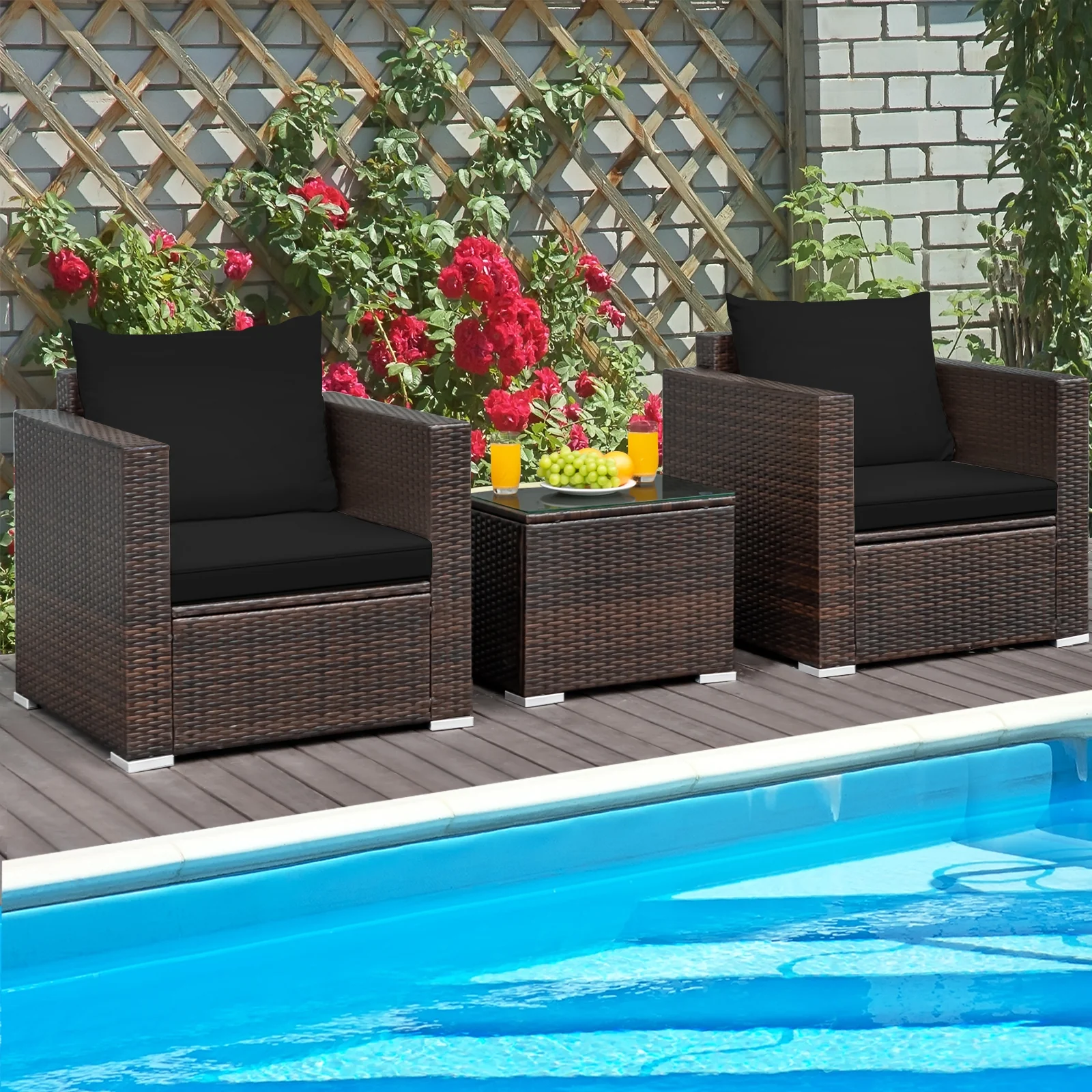 3 Pcs Patio Rattan Furniture Set, Black - Image 2
