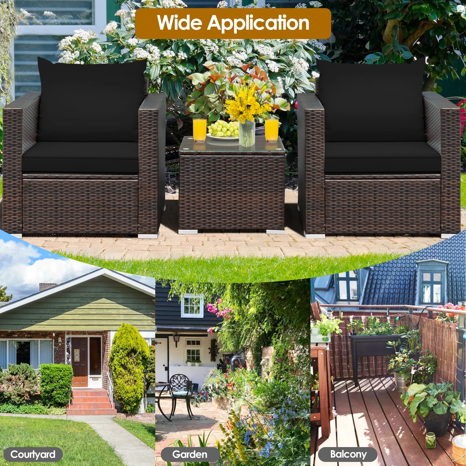 3 Pcs Patio Rattan Furniture Set, Black - Image 3