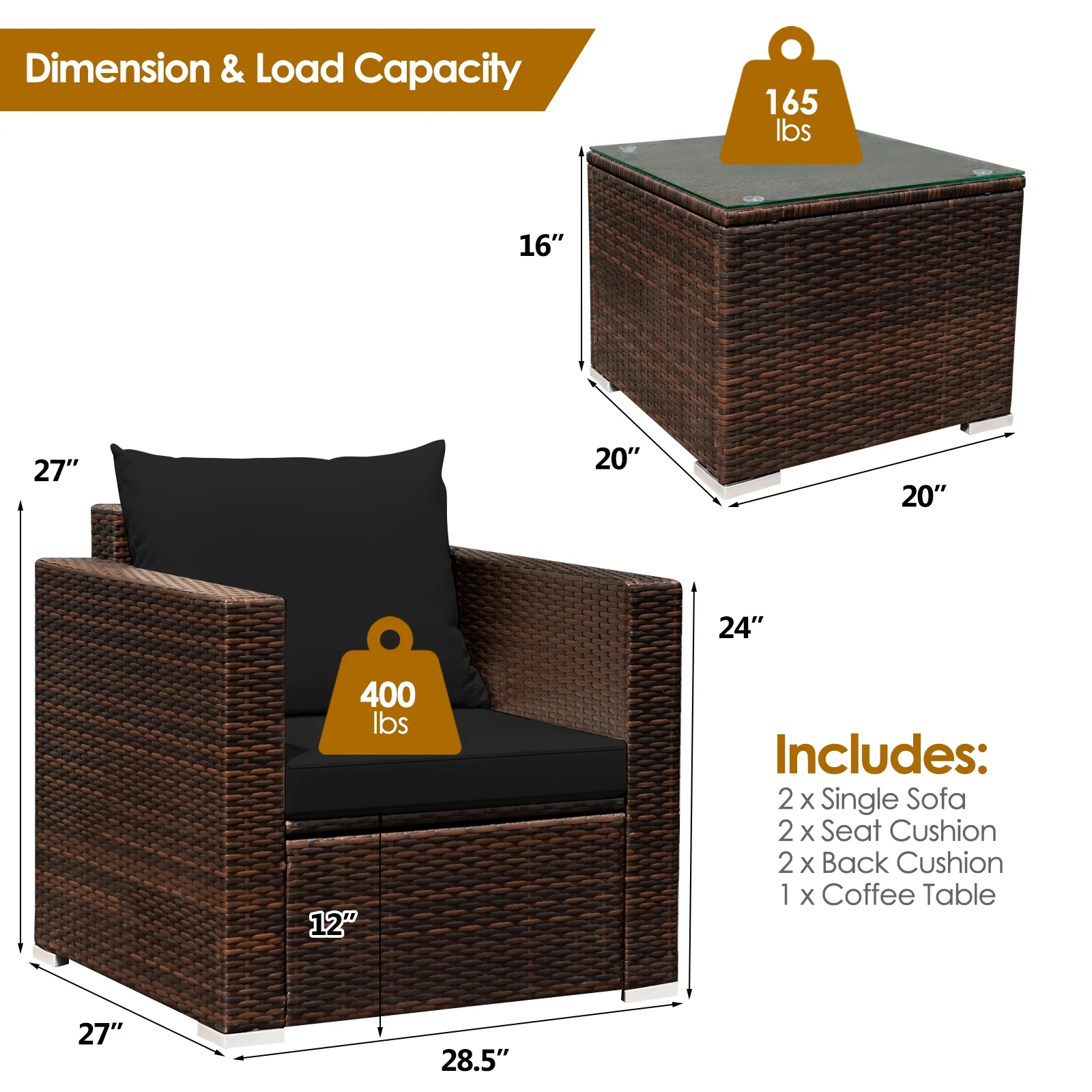3 Pcs Patio Rattan Furniture Set, Black - Image 5