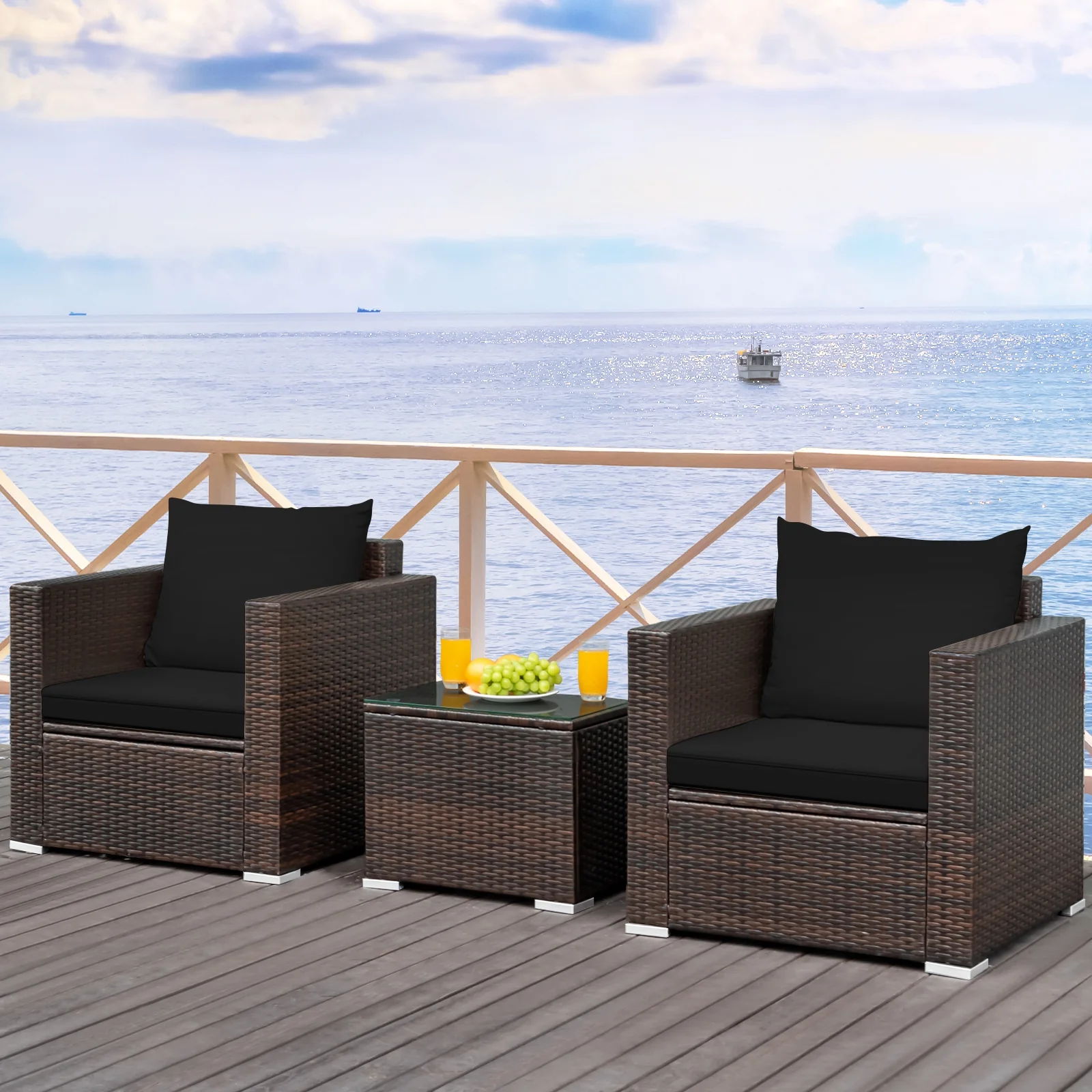 3 Pcs Patio Rattan Furniture Set, Black - Image 7