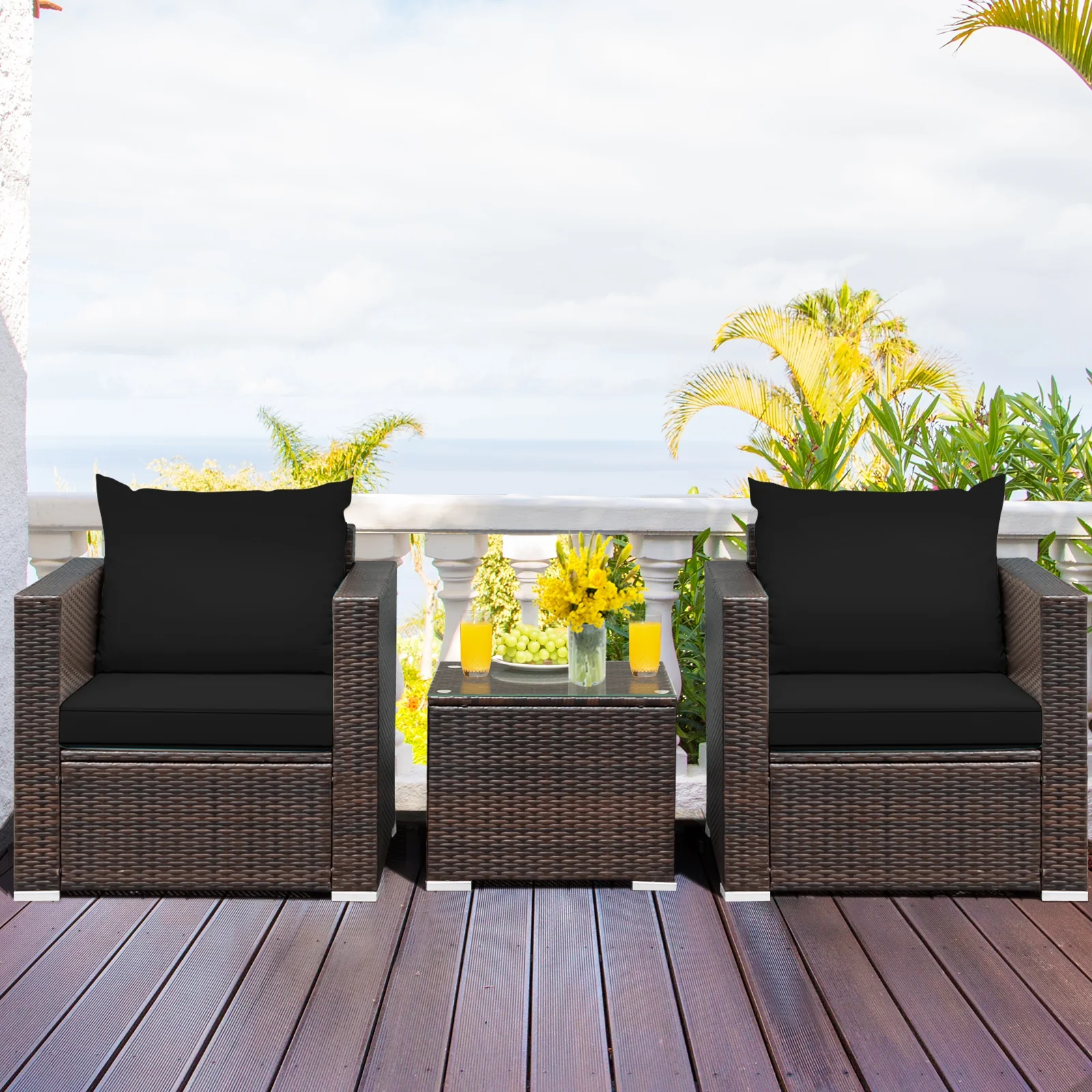 3 Pcs Patio Rattan Furniture Set, Black - Image 9