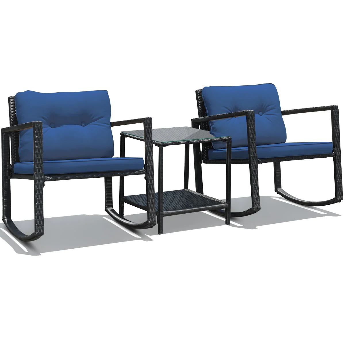 3 Pcs Patio Rattan Rocking Chair, Cushioned Sofa, Navy - Image 10