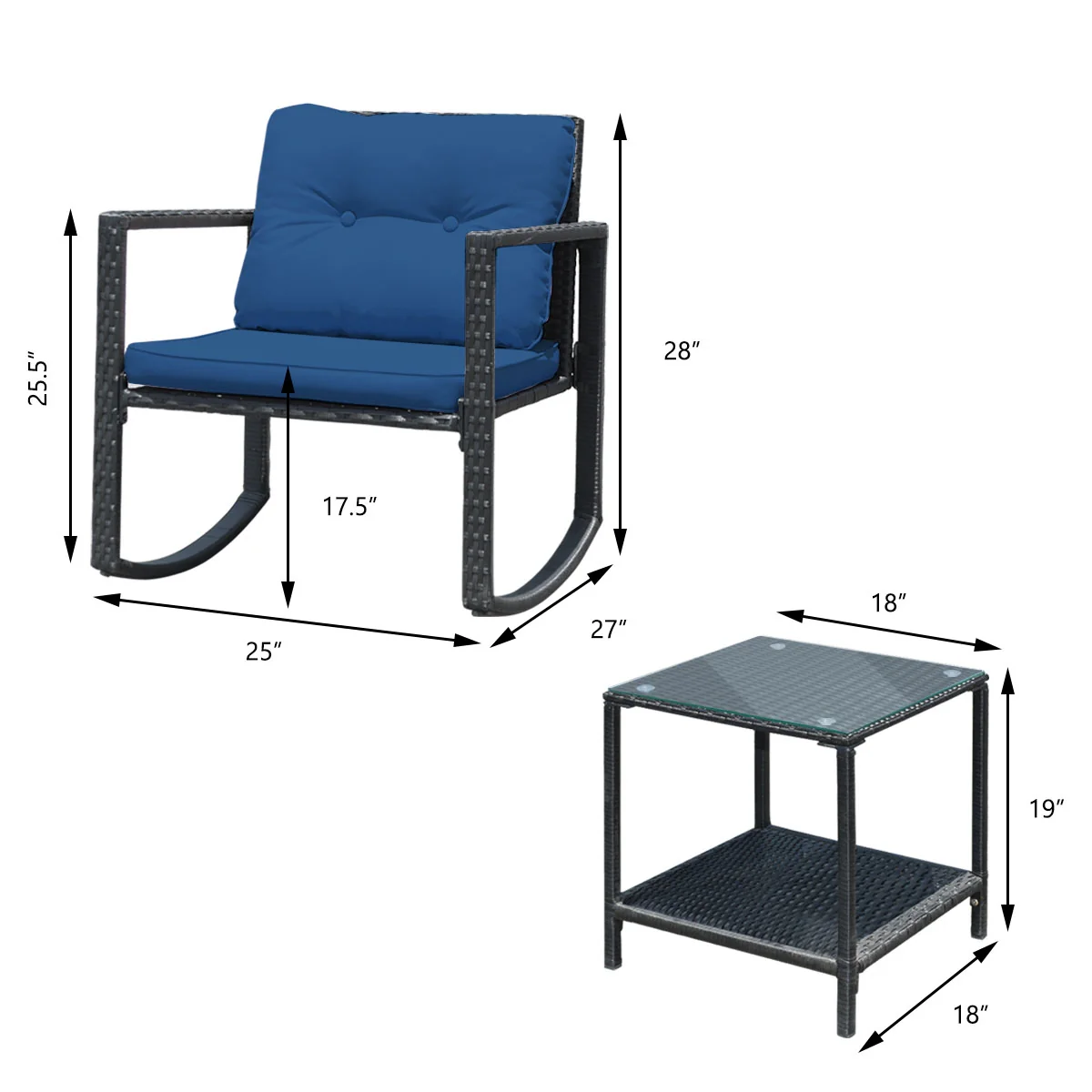 3 Pcs Patio Rattan Rocking Chair, Cushioned Sofa, Navy - Image 5