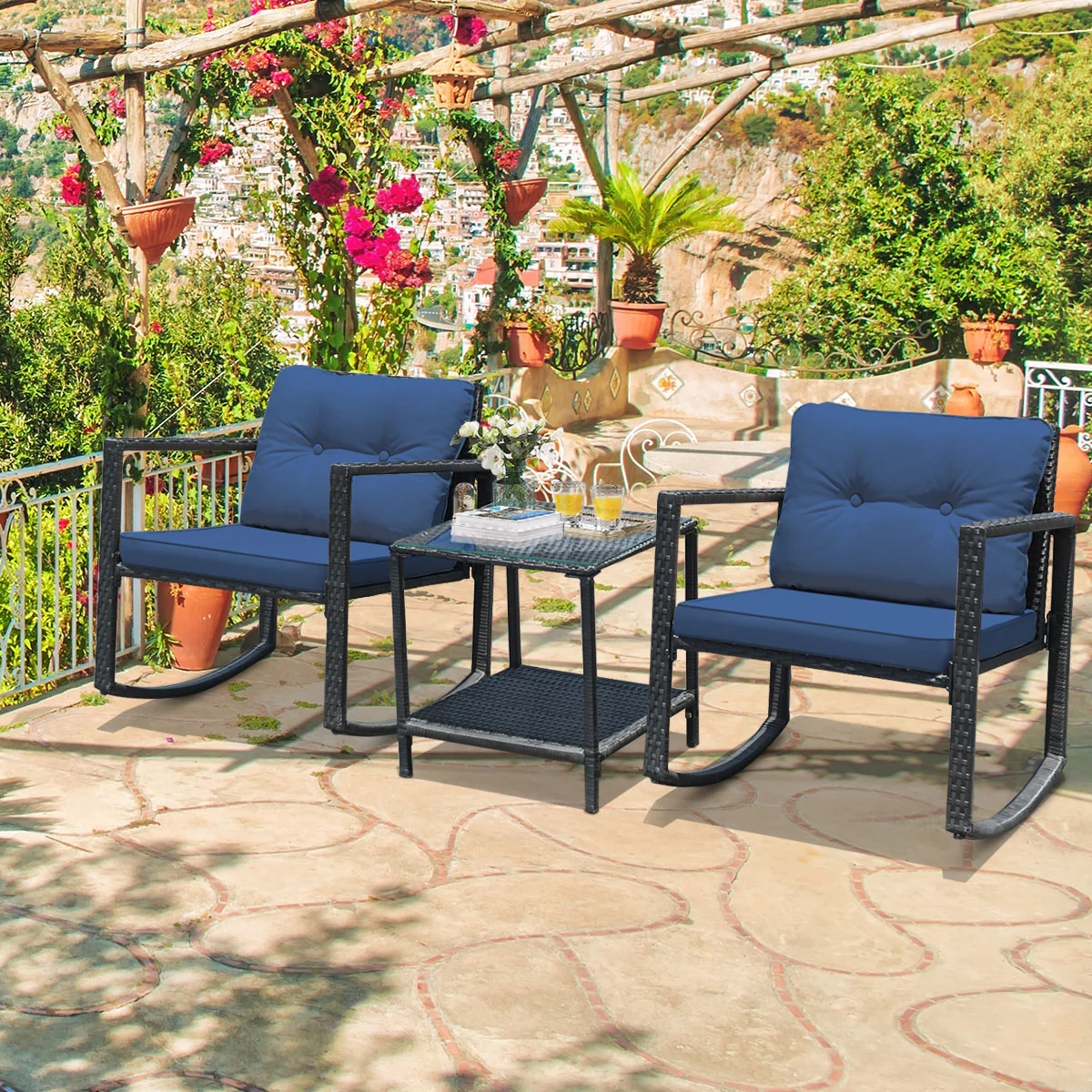 3 Pcs Patio Rattan Rocking Chair, Cushioned Sofa, Navy - Image 7