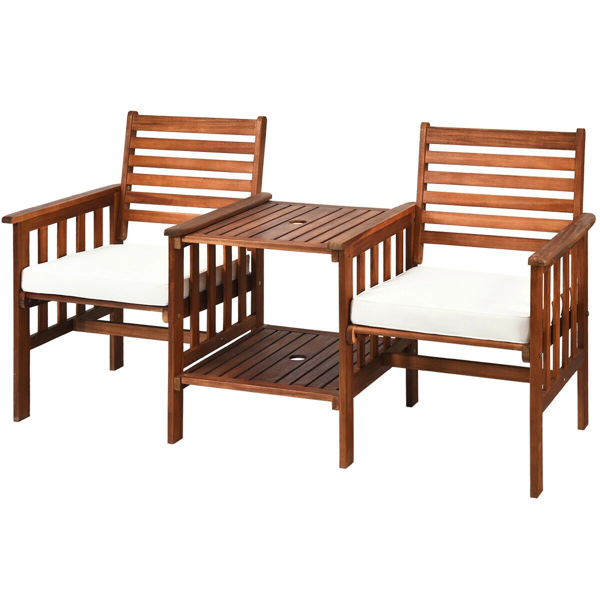 3 Pcs Patio Table Chairs Set, Acacia Wood Loveseat, White - Image 4