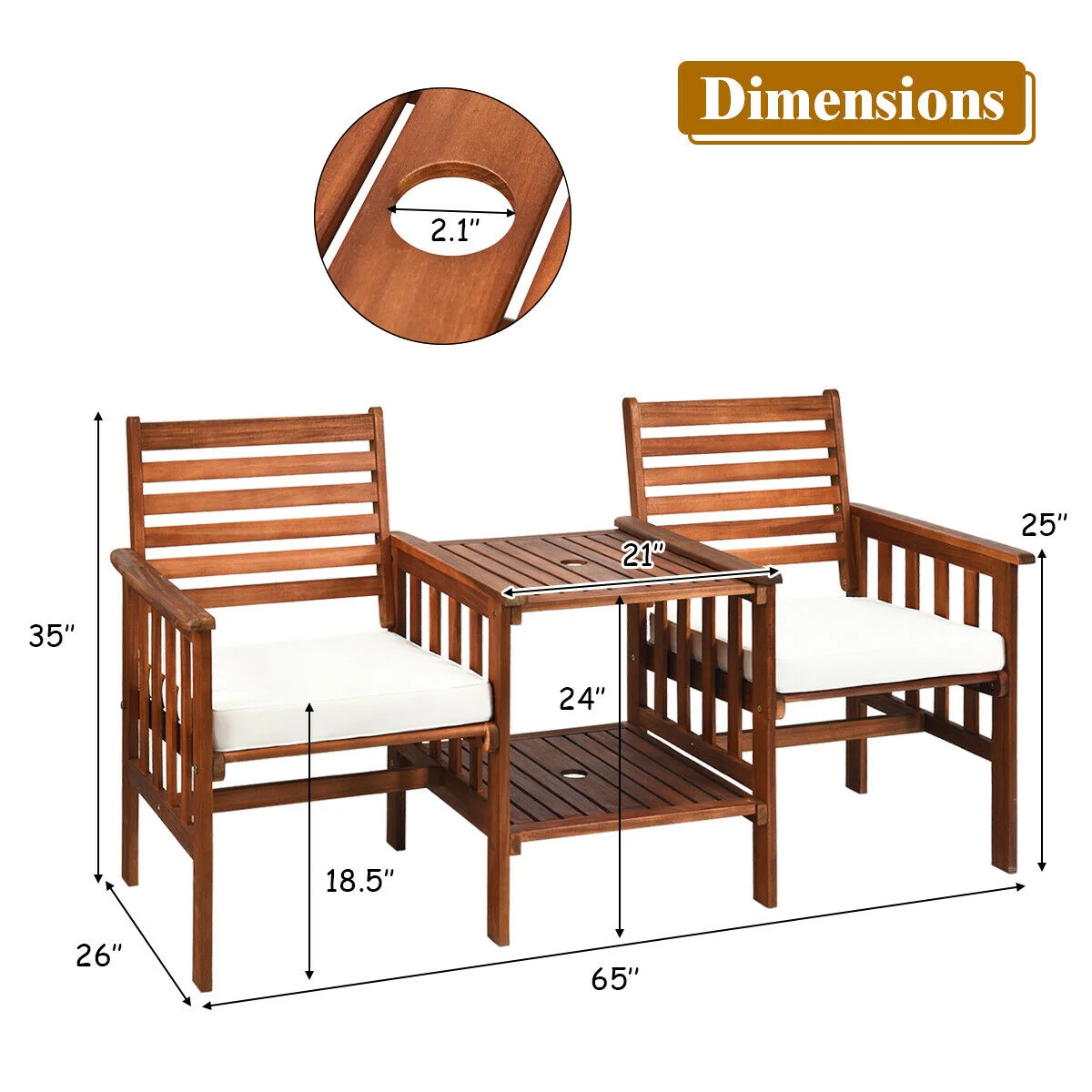 3 Pcs Patio Table Chairs Set, Acacia Wood Loveseat, White - Image 5