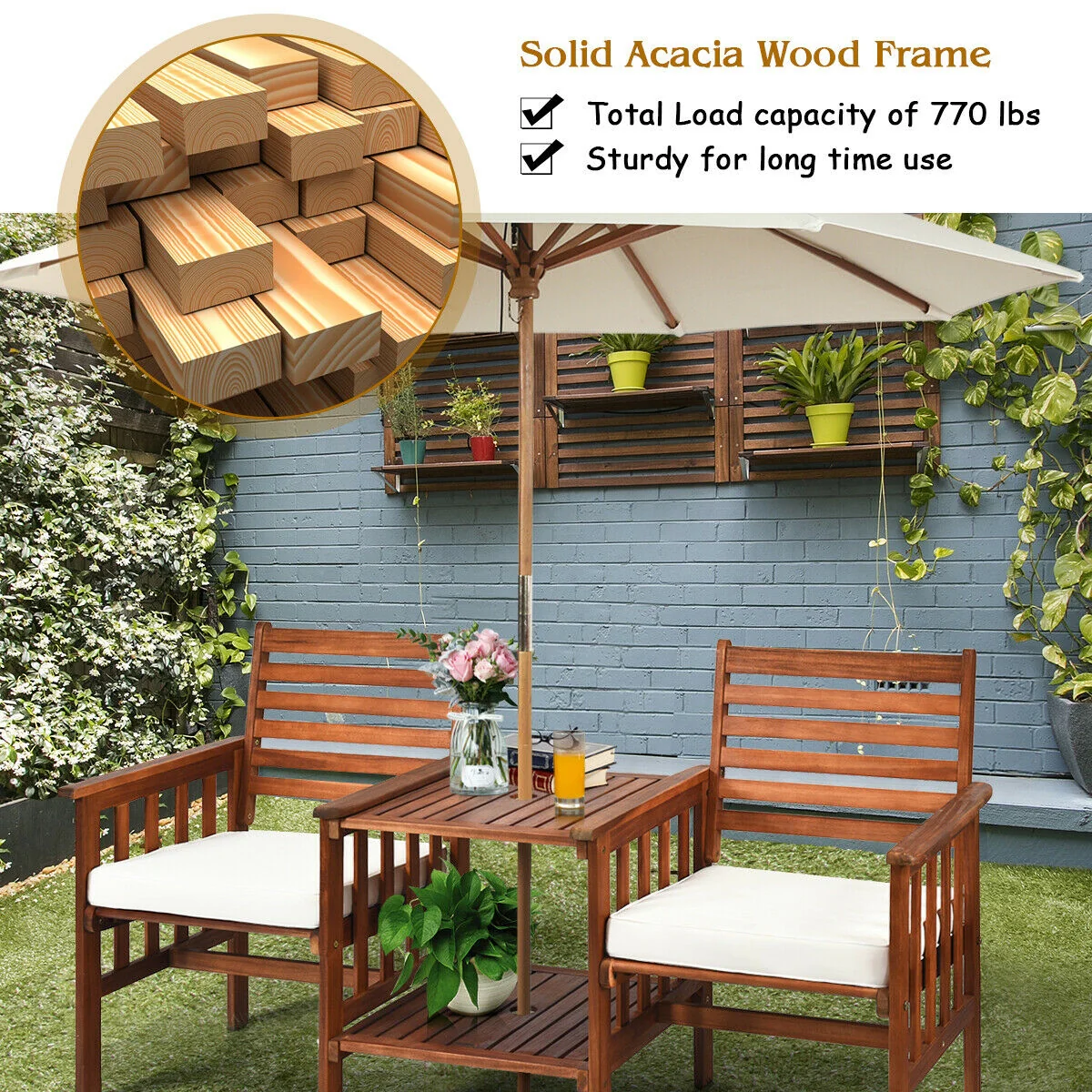 3 Pcs Patio Table Chairs Set, Acacia Wood Loveseat, White - Image 6