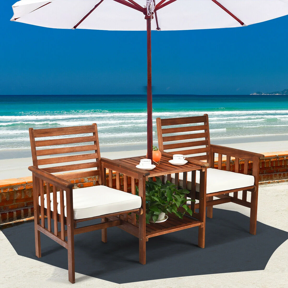 3 Pcs Patio Table Chairs Set, Acacia Wood Loveseat, White - Image 8