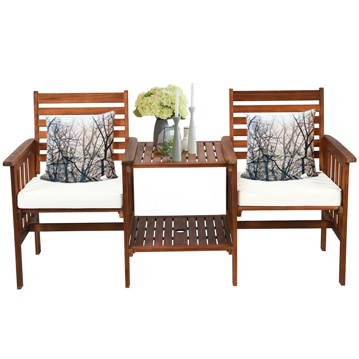 3 Pcs Patio Table Chairs Set, Acacia Wood Loveseat, White - Image 9