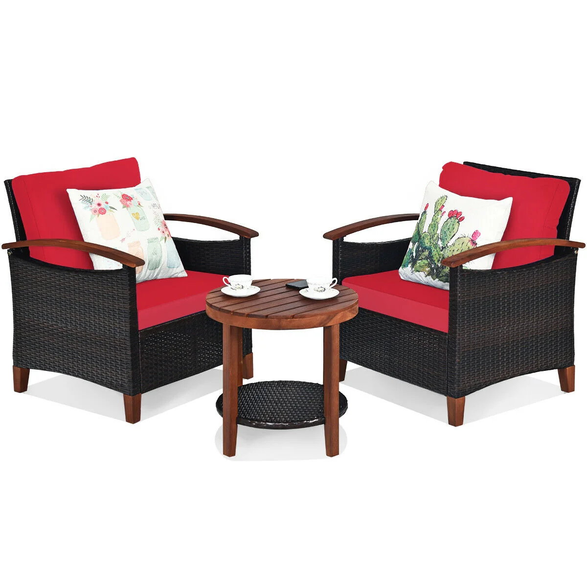 3 Pcs Solid Wood Frame Patio Rattan Furniture Set, Red - Image 10