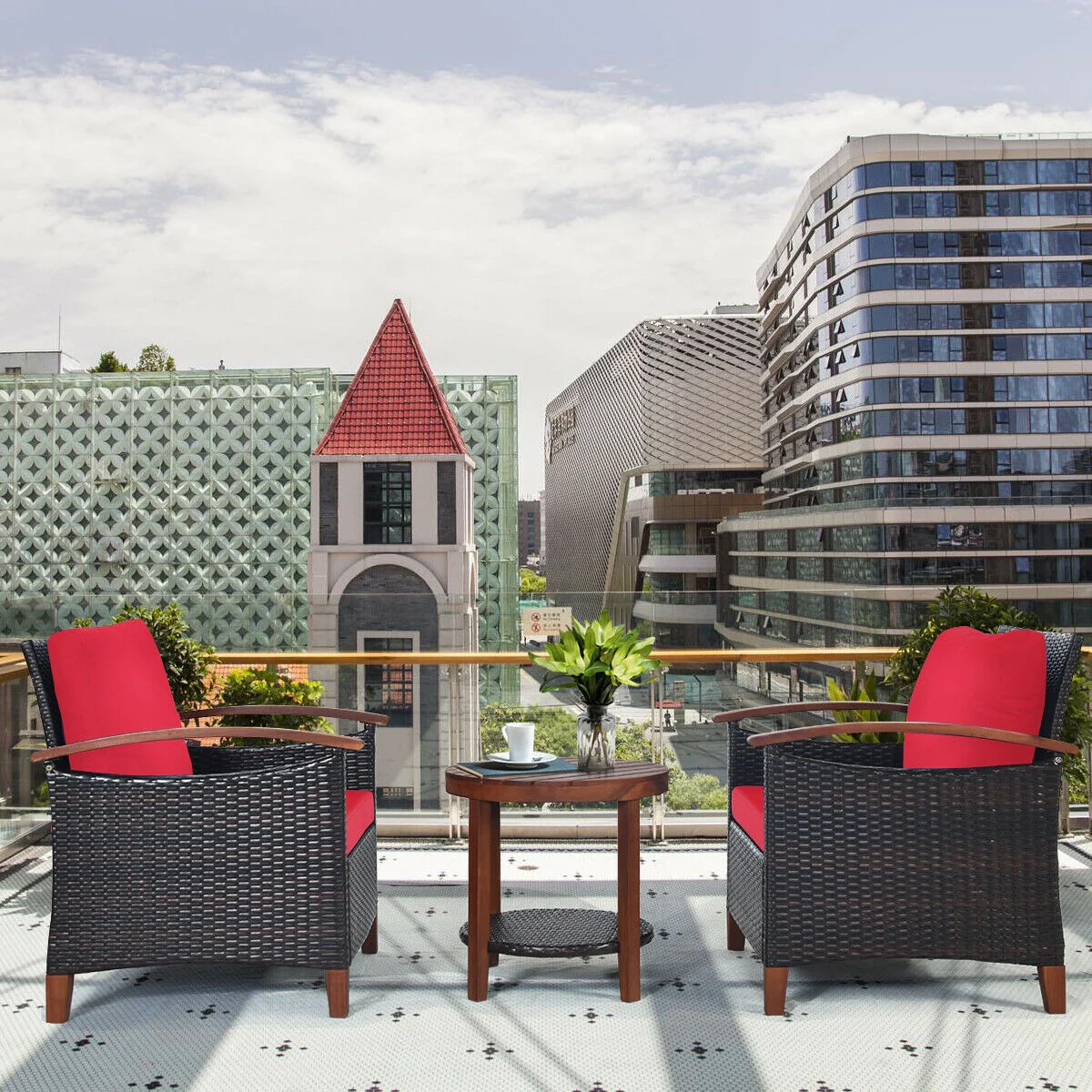 3 Pcs Solid Wood Frame Patio Rattan Furniture Set, Red - Image 2