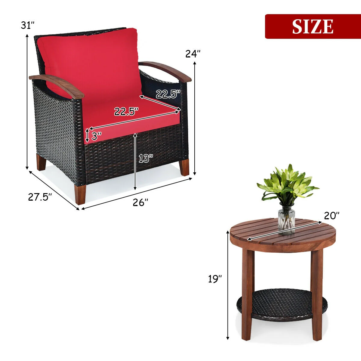 3 Pcs Solid Wood Frame Patio Rattan Furniture Set, Red - Image 5