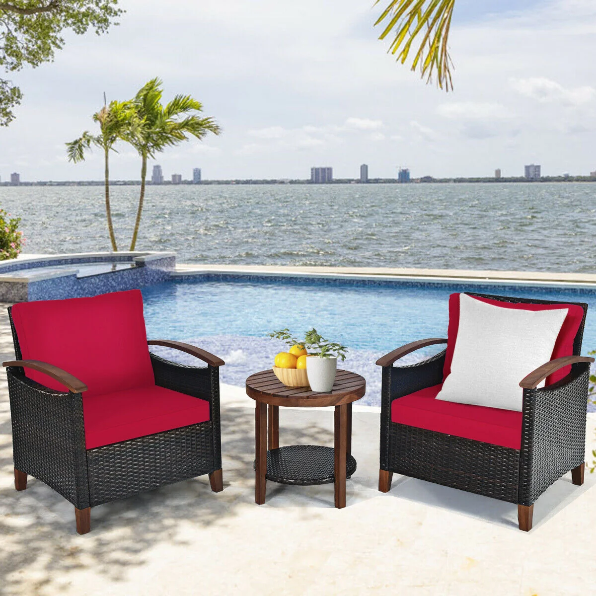 3 Pcs Solid Wood Frame Patio Rattan Furniture Set, Red - Image 7