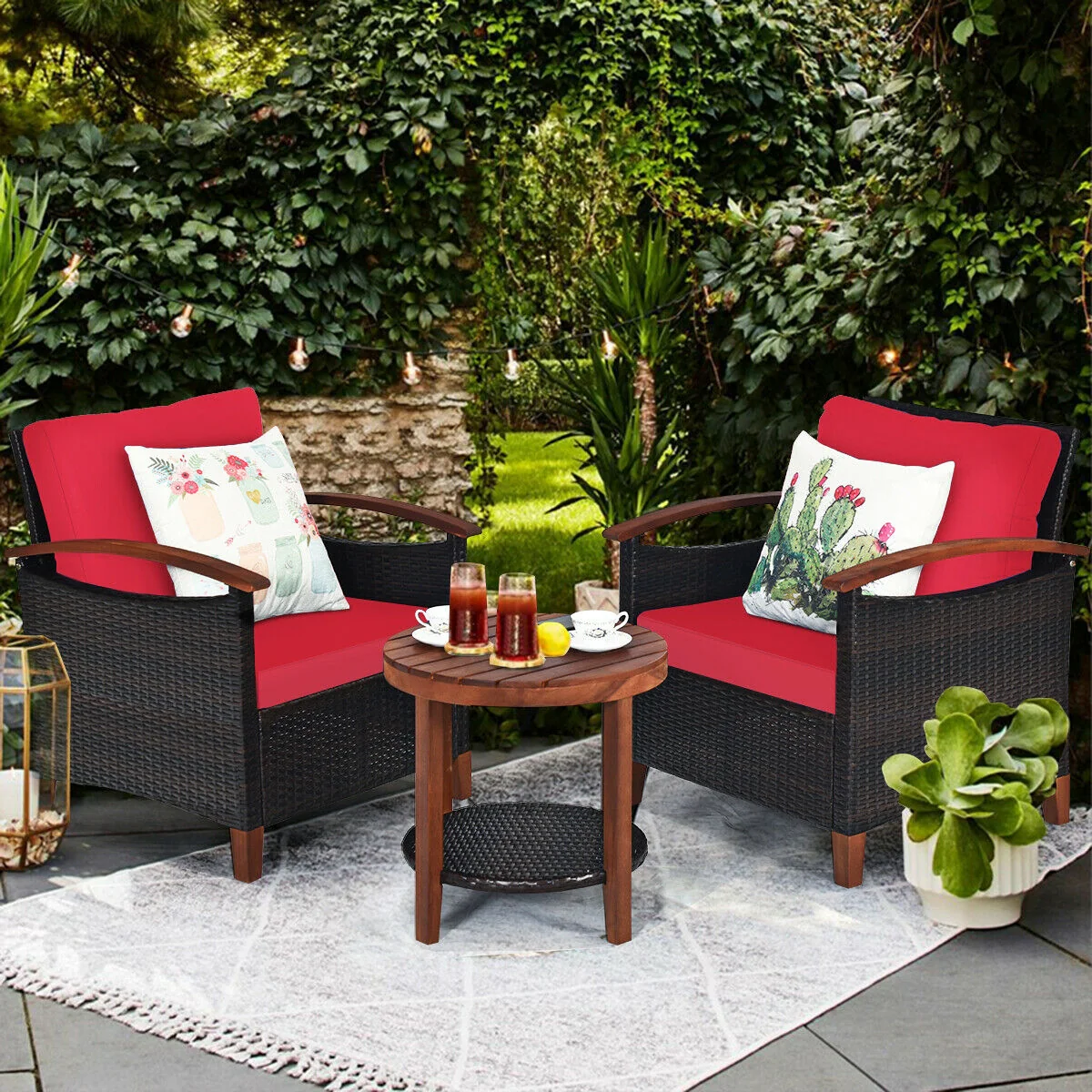 3 Pcs Solid Wood Frame Patio Rattan Furniture Set, Red - Image 8