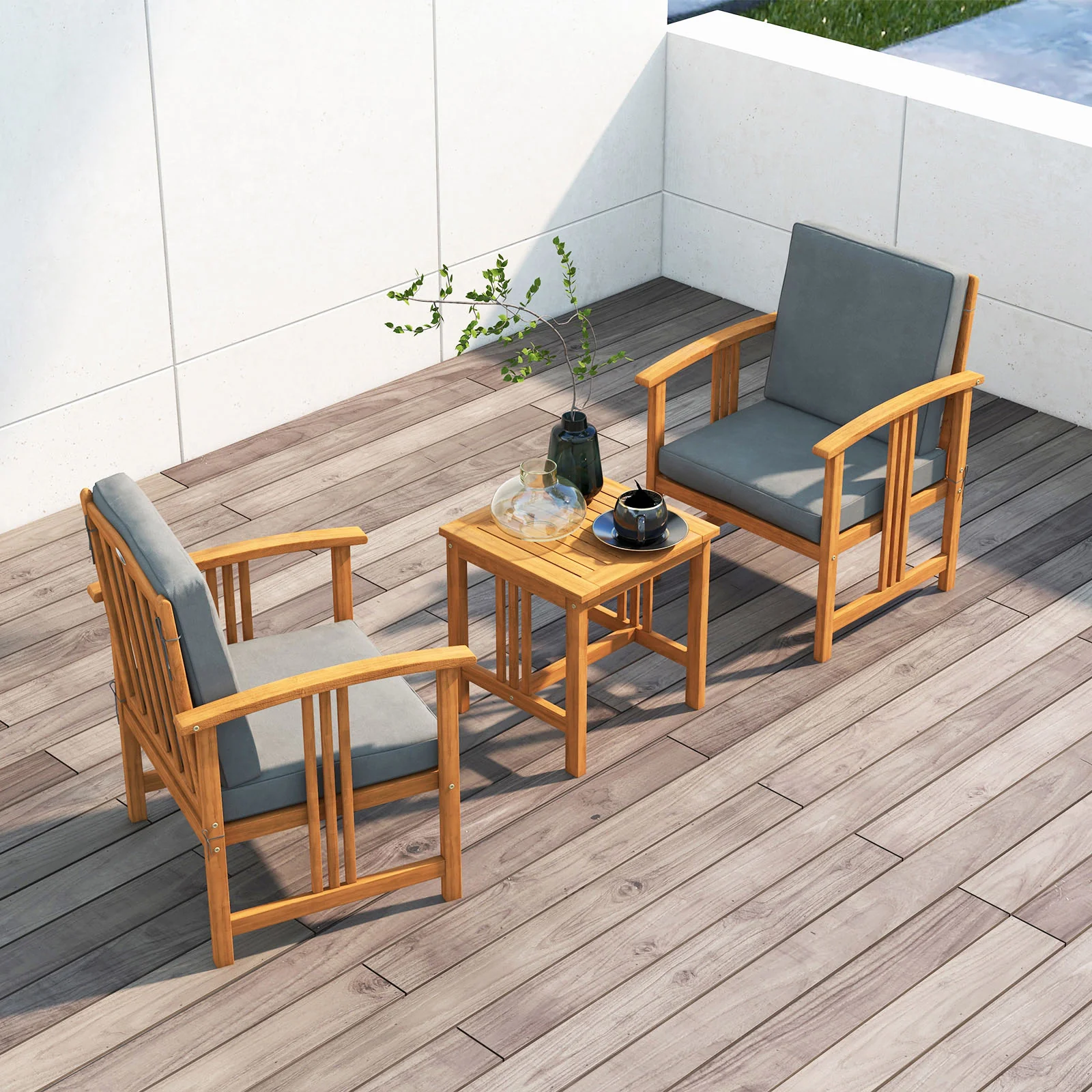 3 Pcs Solid Wood Patio Sofa Set, Gray - Image 2