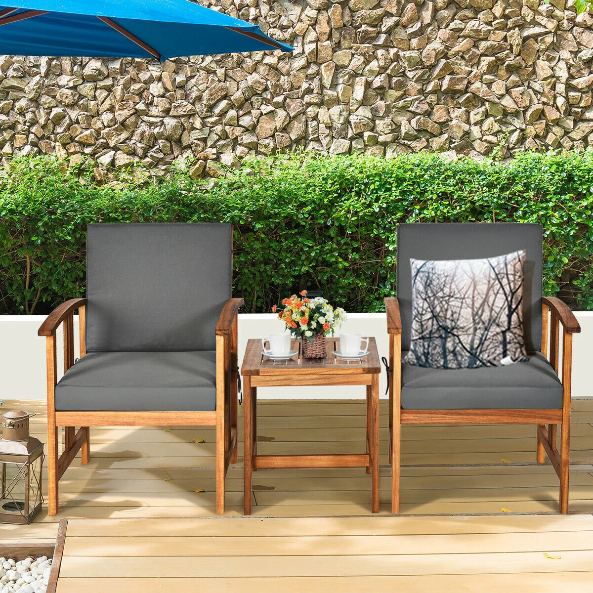 3 Pcs Solid Wood Patio Sofa Set, Gray - Image 7