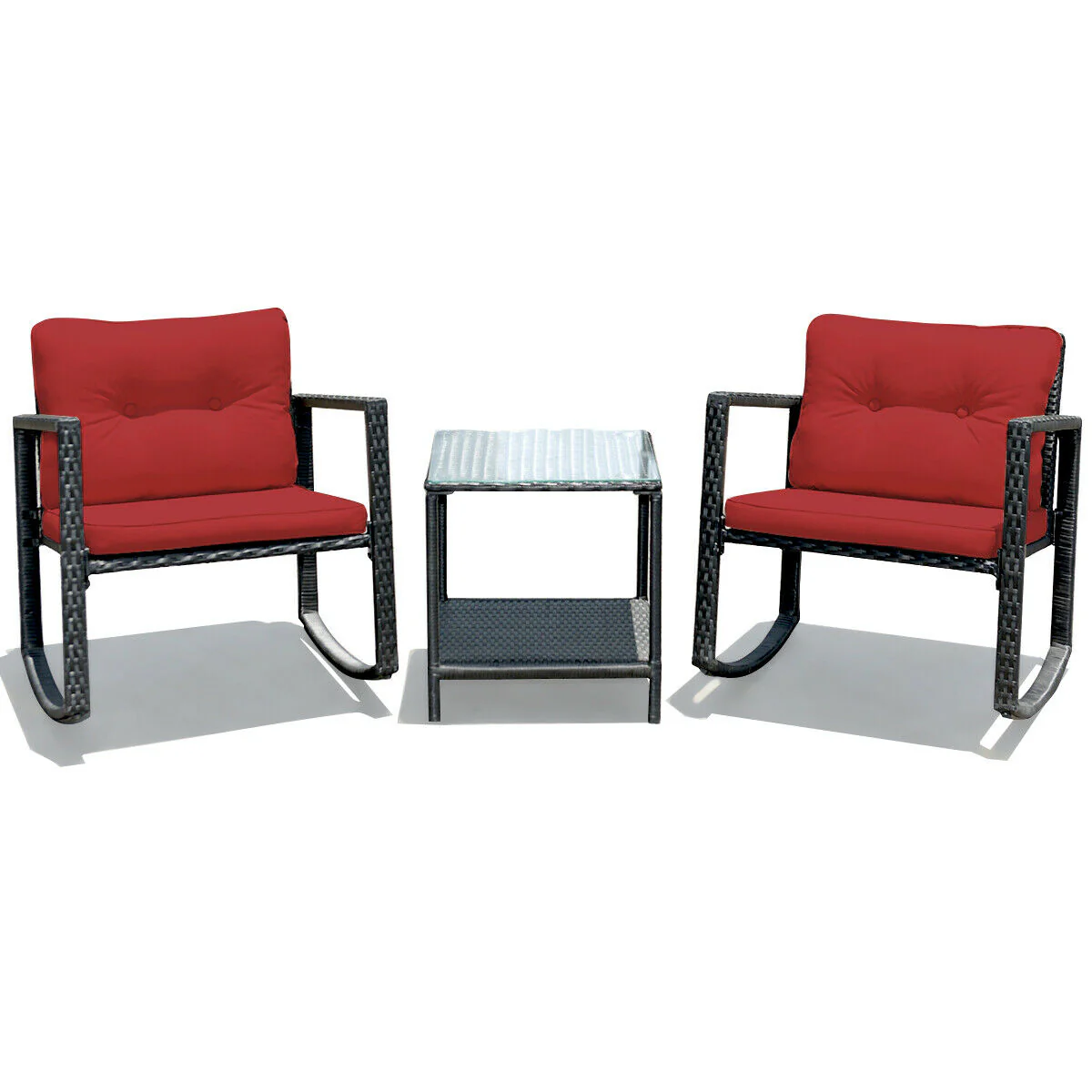 3 Pcs Wicker Rocking Bistro Set, Glass Coffee Table, Storage Shelf, Red