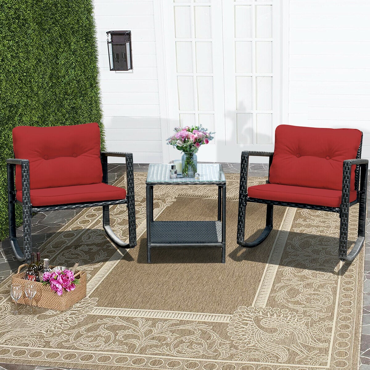 3 Pcs Wicker Rocking Bistro Set, Glass Coffee Table, Storage Shelf, Red - Image 3