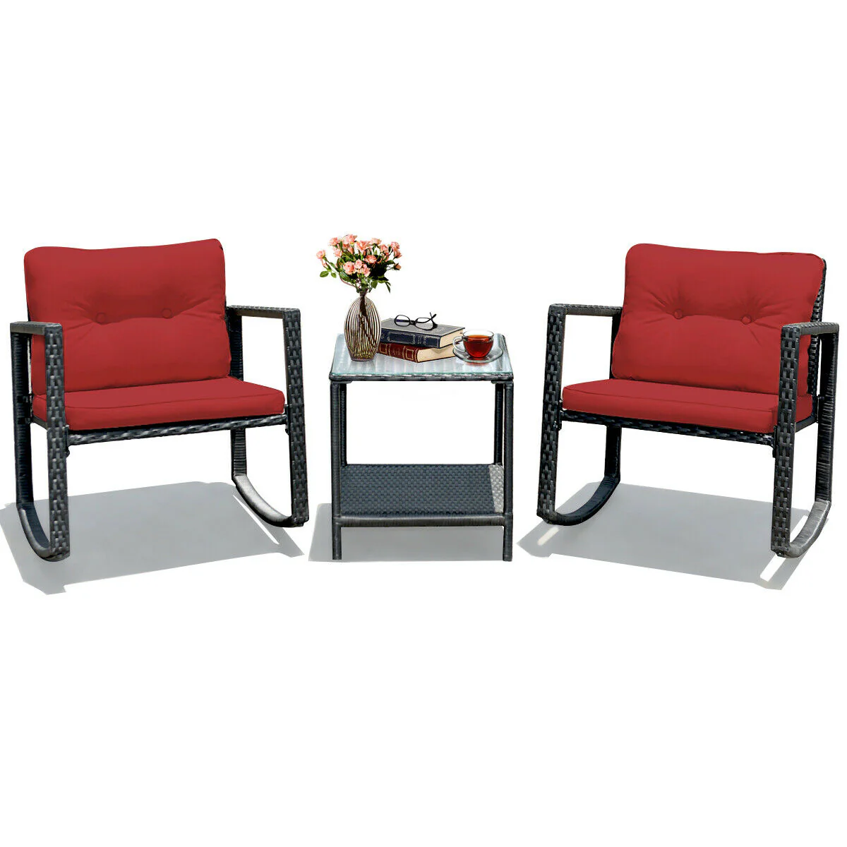 3 Pcs Wicker Rocking Bistro Set, Glass Coffee Table, Storage Shelf, Red - Image 5