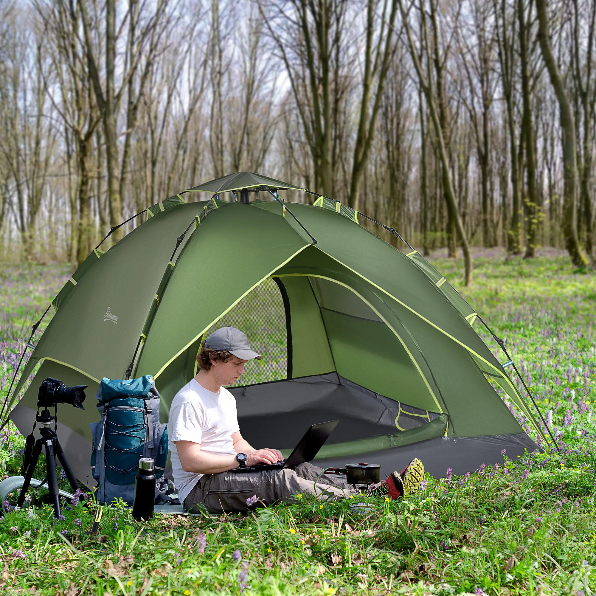 3 Person Camping Tent, 1000mm Waterproof, Dark Green - Image 2