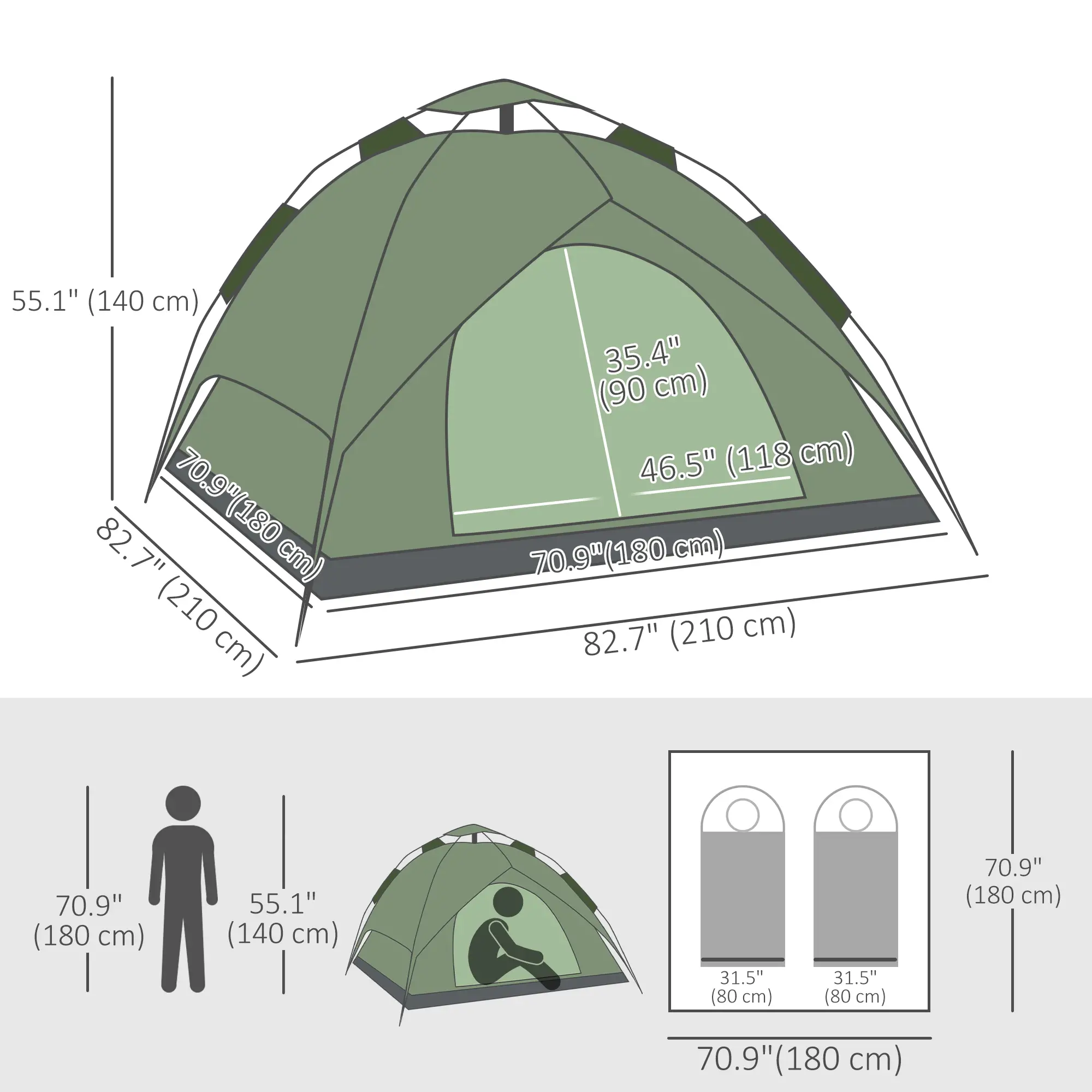 3 Person Camping Tent, 1000mm Waterproof, Dark Green - Image 3