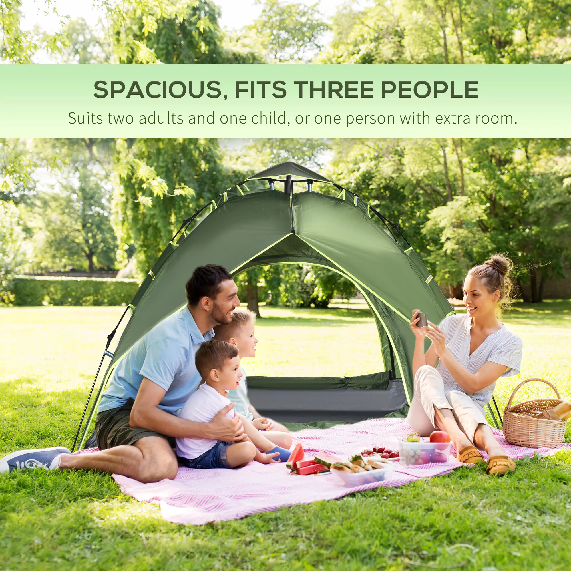 3 Person Camping Tent, 1000mm Waterproof, Dark Green - Image 4