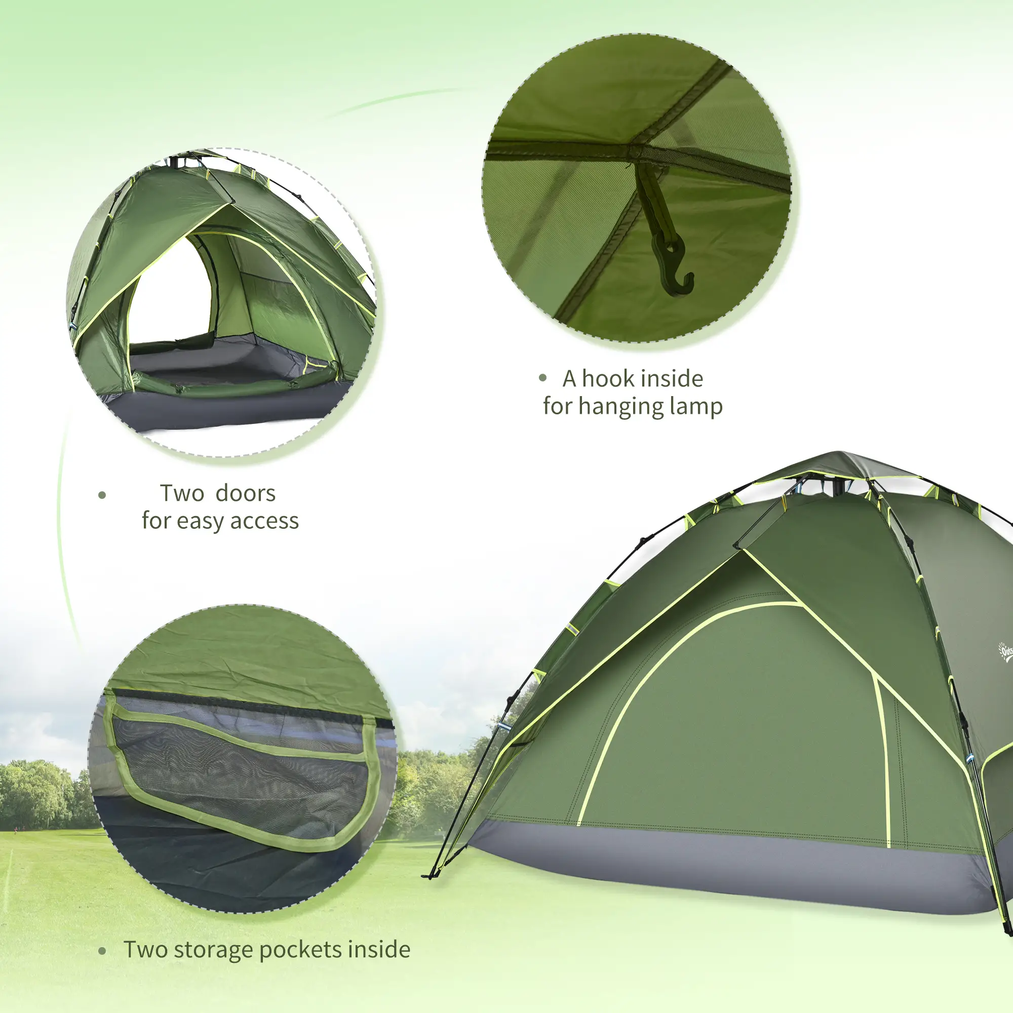 3 Person Camping Tent, 1000mm Waterproof, Dark Green - Image 7