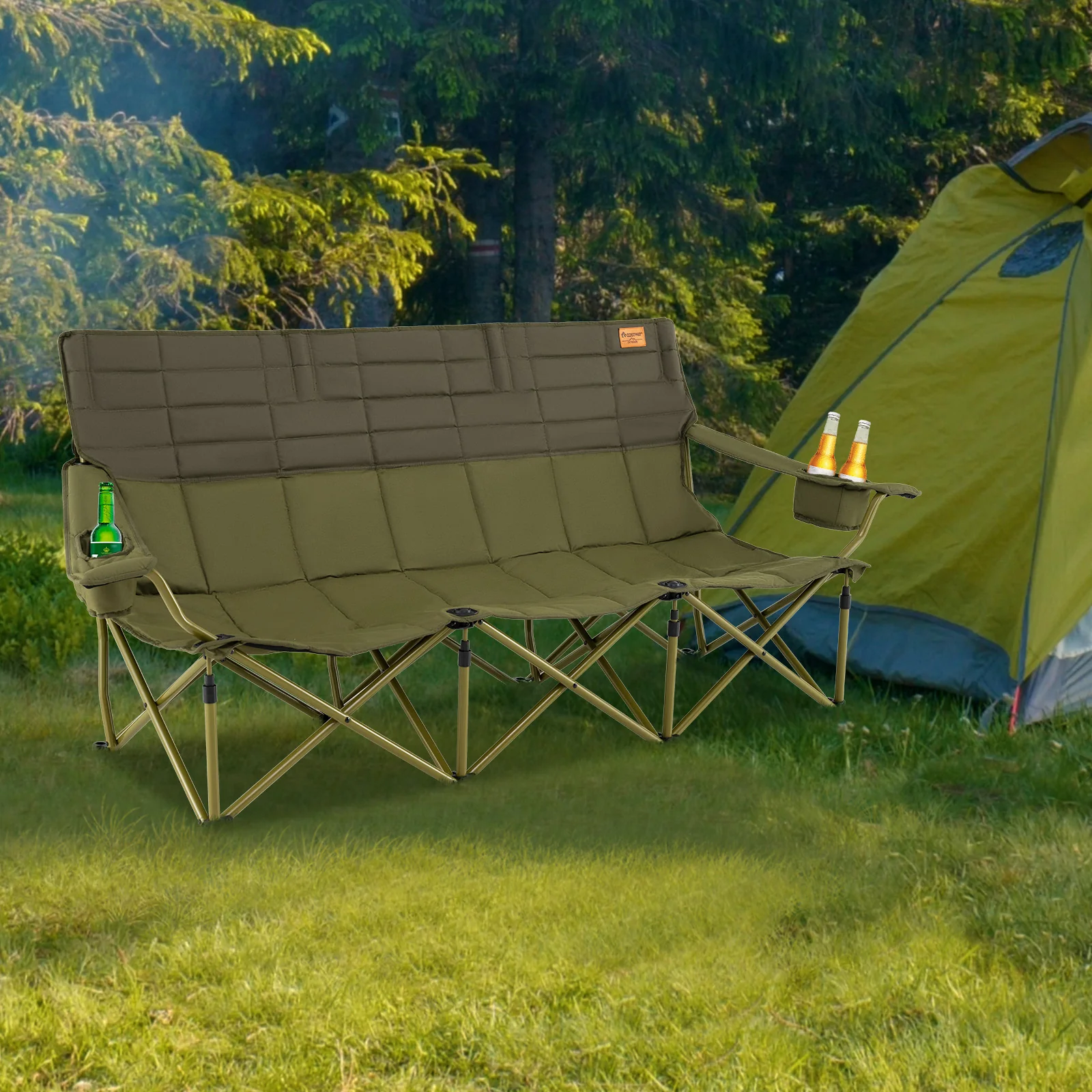 3 Person Folding Camping Chair, Cotton Padding, 2 Cup Holders, Storage Bag, Green - Image 3