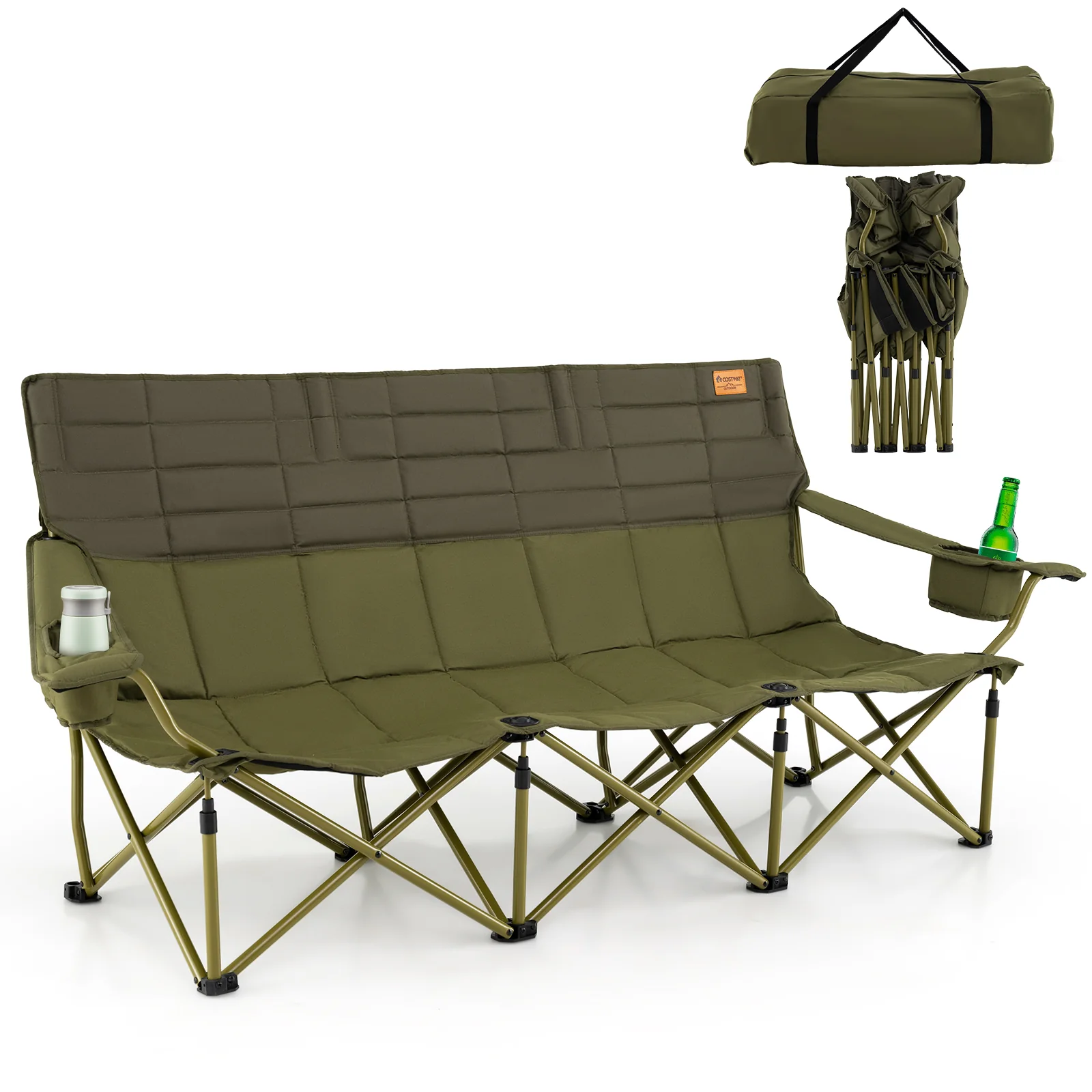 3 Person Folding Camping Chair, Cotton Padding, 2 Cup Holders, Storage Bag, Green - Image 4